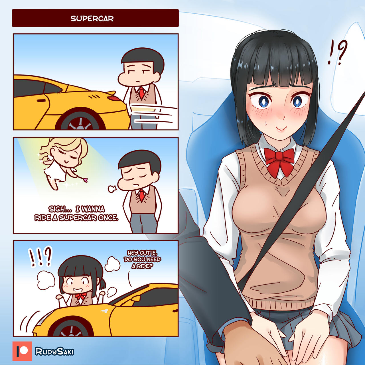 4koma angel artist_name black_hair blue blush bowtie car comic embarrassed english_text eyes fairy female gender_transformation genderswap hand_on_leg hand_on_thigh in_car magic male mtf_transformation multiple_panels necktie original patreon_logo patreon_username pleated_skirt red_ribbon ribbon rudy_saki school_uniform schoolgirl schoolgirl_uniform skirt sleeveless_sweater slq sweater sweater_vest text transformation tsf_4-koma wish