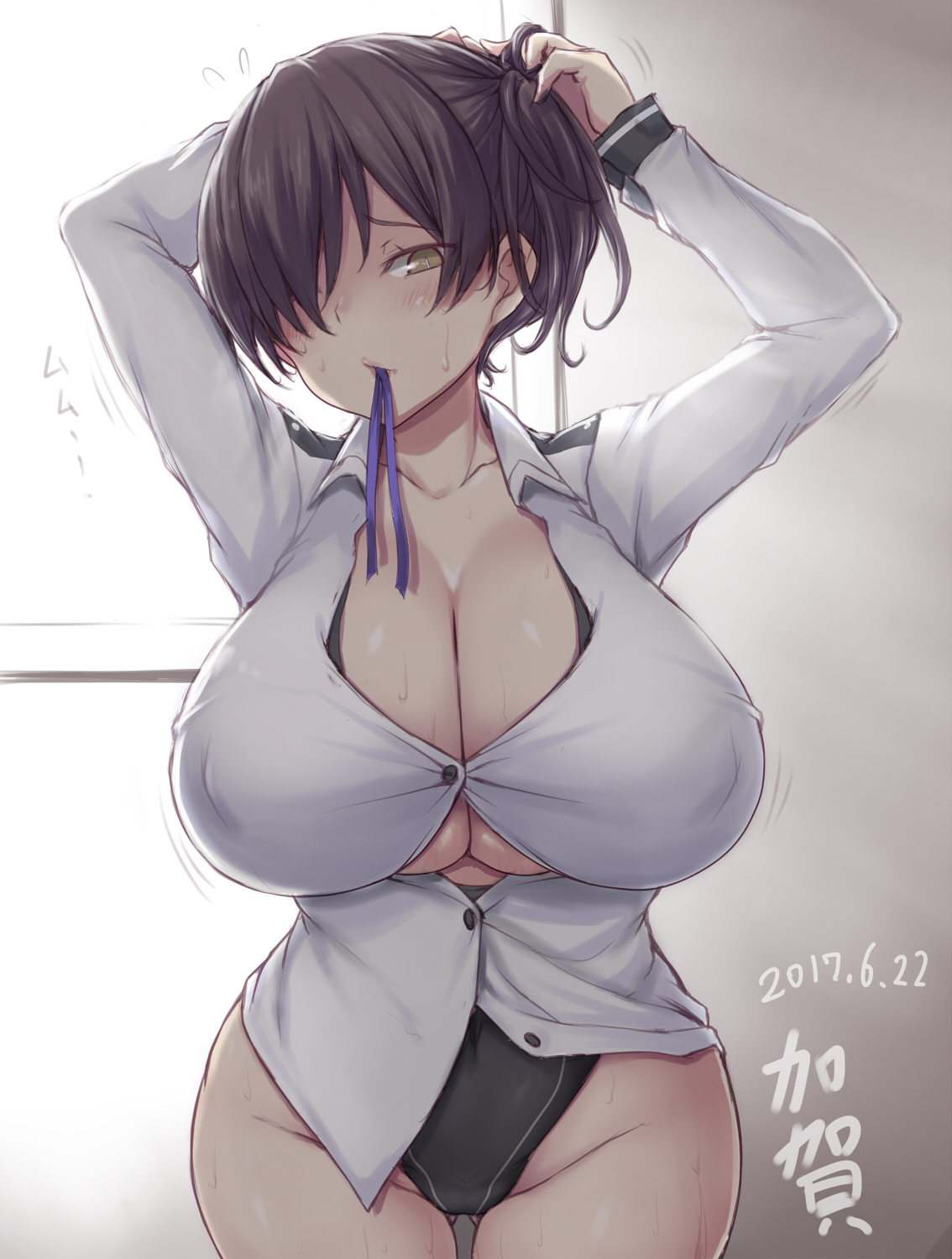 adjusting hair, alternate costume, blush, breasts, brown eyes, brown hair, bursting breasts, button gap, buttons, character name, collarbone, dated, female, hair over one eye, highres, huge breasts, jema, kaga (kantai collection), kantai collection, mouth hold, shirt, short hair, side ponytail, solo, tying hair, white shirt