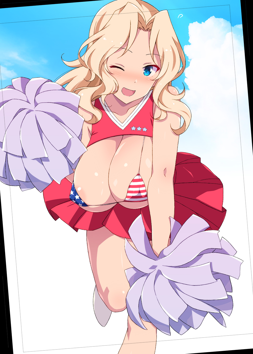 :d, 1girls, american flag bikini, areola slip, areolae, astroguy2, bikini, blonde hair, blue eyes, blue sky, blush, breasts, cheerleader, cleavage, cloud, collarbone, commentary request, covered nipples, crop top, day, eyebrows visible through hair, female, flag print, girls und panzer, highres, holding, holding pom poms, kay (girls und panzer), large breasts, long hair, looking at viewer, micro bikini, nakamura yukitoshi, one eye closed, open mouth, outdoors, pleated skirt, pom pom (cheerleading), pom poms, red shirt, red skirt, shirt, skirt, sky, smile, solo, standing, standing on one leg, swimsuit, viewfinder, wavy hair
