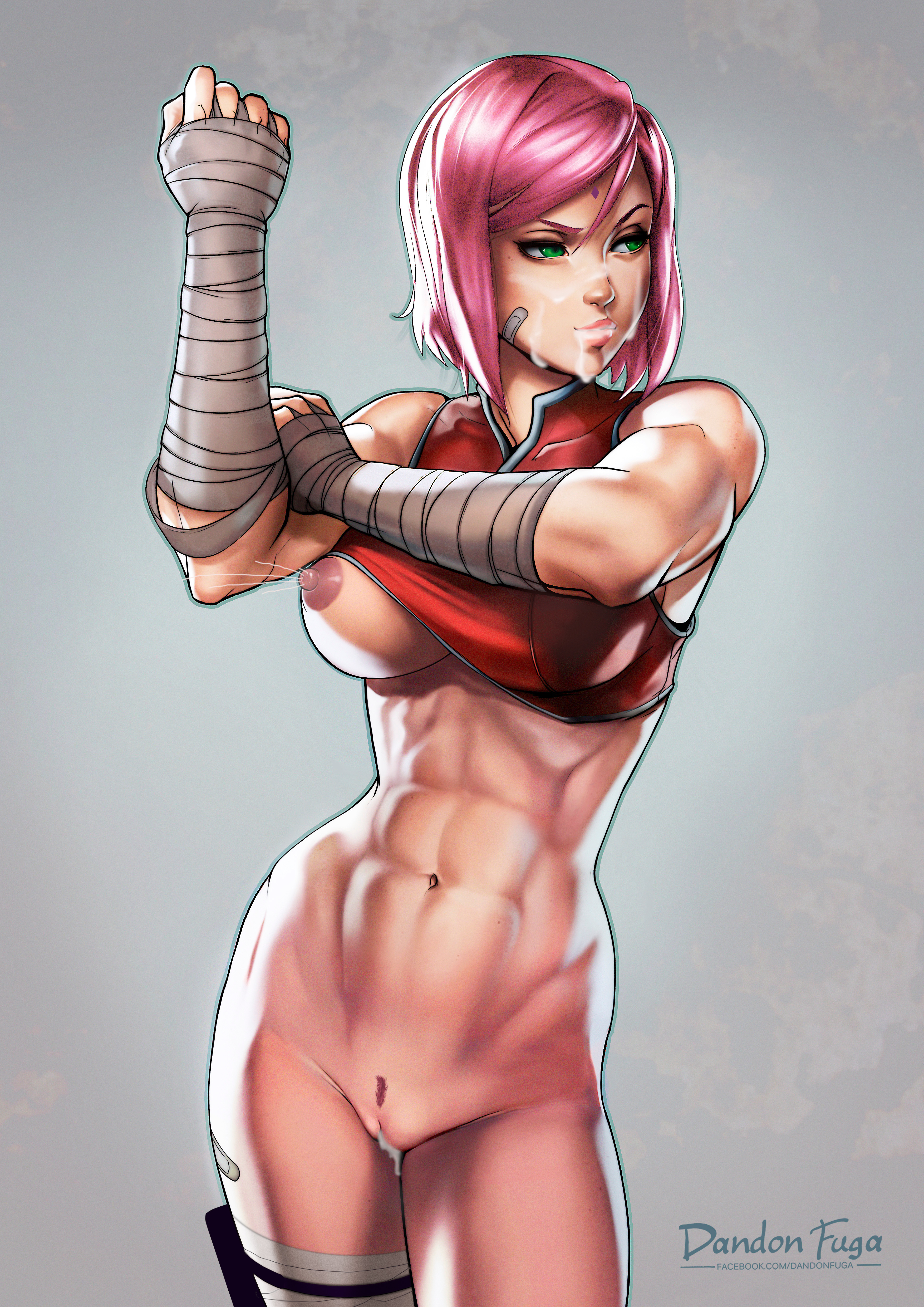 1girls, abs, ag-edits, areolae, bandaged arm, bandages, bandaid, bare shoulders, bottomless, breast slip, breasts, clenched hand, closed mouth, collar, collarbone, contrapposto, cowboy shot, crop top, cum, cum in mouth, cum inside, cum on face, cum outside, cumshot, dandon fuga, edit, facial, facial mark, female, fit, fitness, forehead mark, green eyes, hair between eyes, hand up, high resolution, holding arm, lactating, lactation, large breasts, large filesize, looking to the side, milk, milking, muscles, muscular, muscular female, naruto, naruto (series), navel, nipples, photoshop, pink hair, pussy, recolor, red shirt, sakura haruno, serious, shirt, short hair, simple background, sleeveless, sleeveless shirt, solo, sportswear, toned, uncensored, vagina, very high resolution, watermark, web address