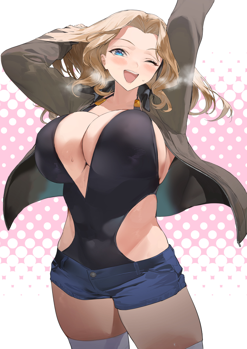 bangs, blonde hair, blue eyes, blush, breasts, female, forehead, girls und panzer, hair intakes, iku (ikuchan kaoru), jacket, kay (girls und panzer), large breasts, long hair, looking at viewer, one eye closed, open clothes, open jacket, open mouth, parted bangs, smile, solo