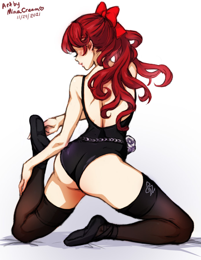 1girls, 2020s, 2021, ass, atlus, behind view, female, kasumi yoshizawa, leotard, megami tensei, minacream, persona, persona 5, persona 5 royal, phantom thief suit, red hair, ribbon, stretching, sumire yoshizawa