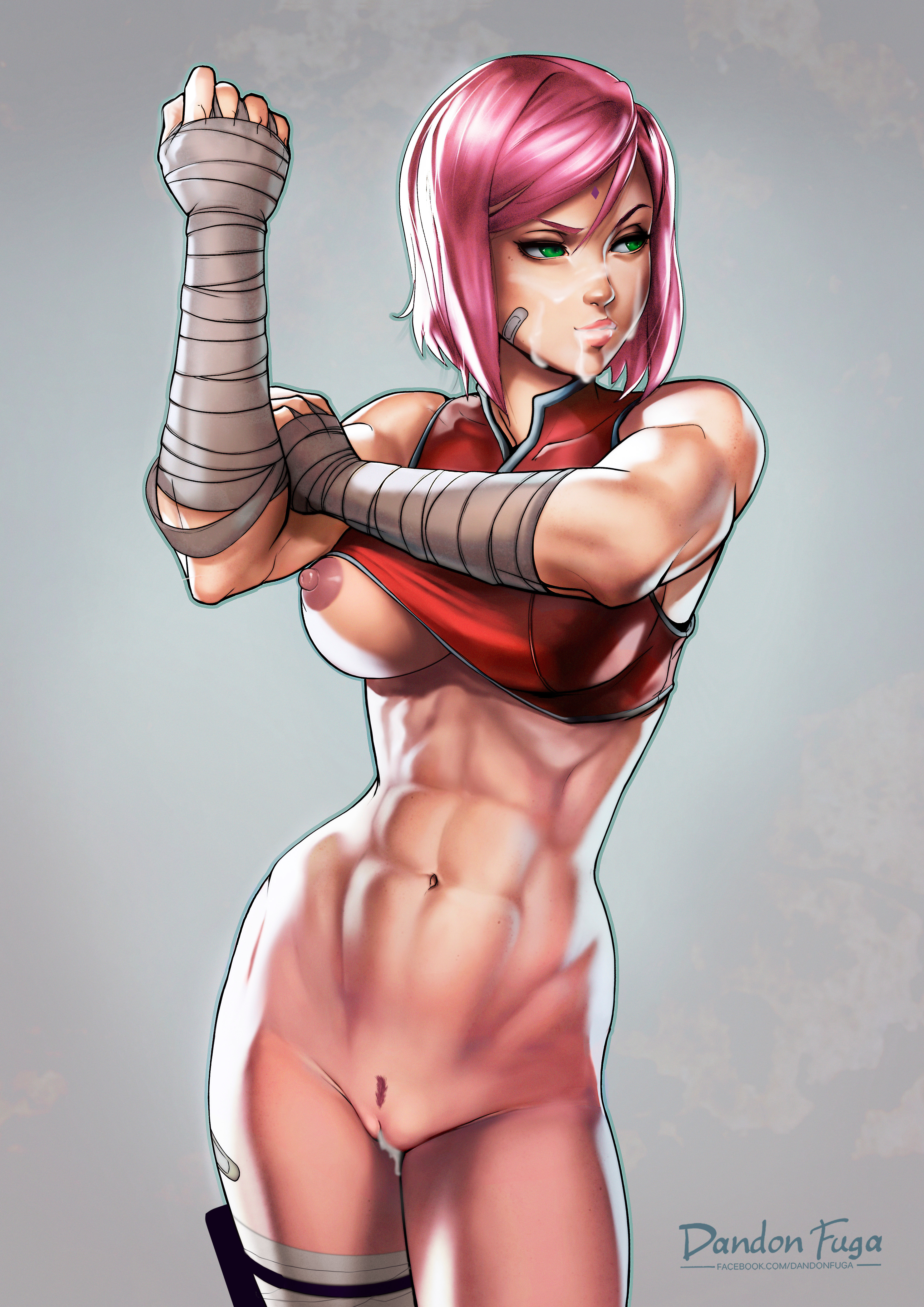 1girls, abs, ag-edits, areolae, bandaged arm, bandages, bandaid, bare shoulders, bottomless, breast slip, breasts, clenched hand, closed mouth, collar, collarbone, contrapposto, cowboy shot, crop top, cum, cum in mouth, cum inside, cum on face, cum outside, cumshot, dandon fuga, edit, facial, facial mark, female, fit, fitness, forehead mark, green eyes, hair between eyes, hand up, high resolution, holding arm, large breasts, large filesize, looking to the side, muscles, muscular, muscular female, naruto, naruto (series), navel, nipples, photoshop, pink hair, pussy, recolor, red shirt, sakura haruno, serious, shirt, short hair, simple background, sleeveless, sleeveless shirt, solo, sportswear, toned, uncensored, vagina, very high resolution, watermark, web address