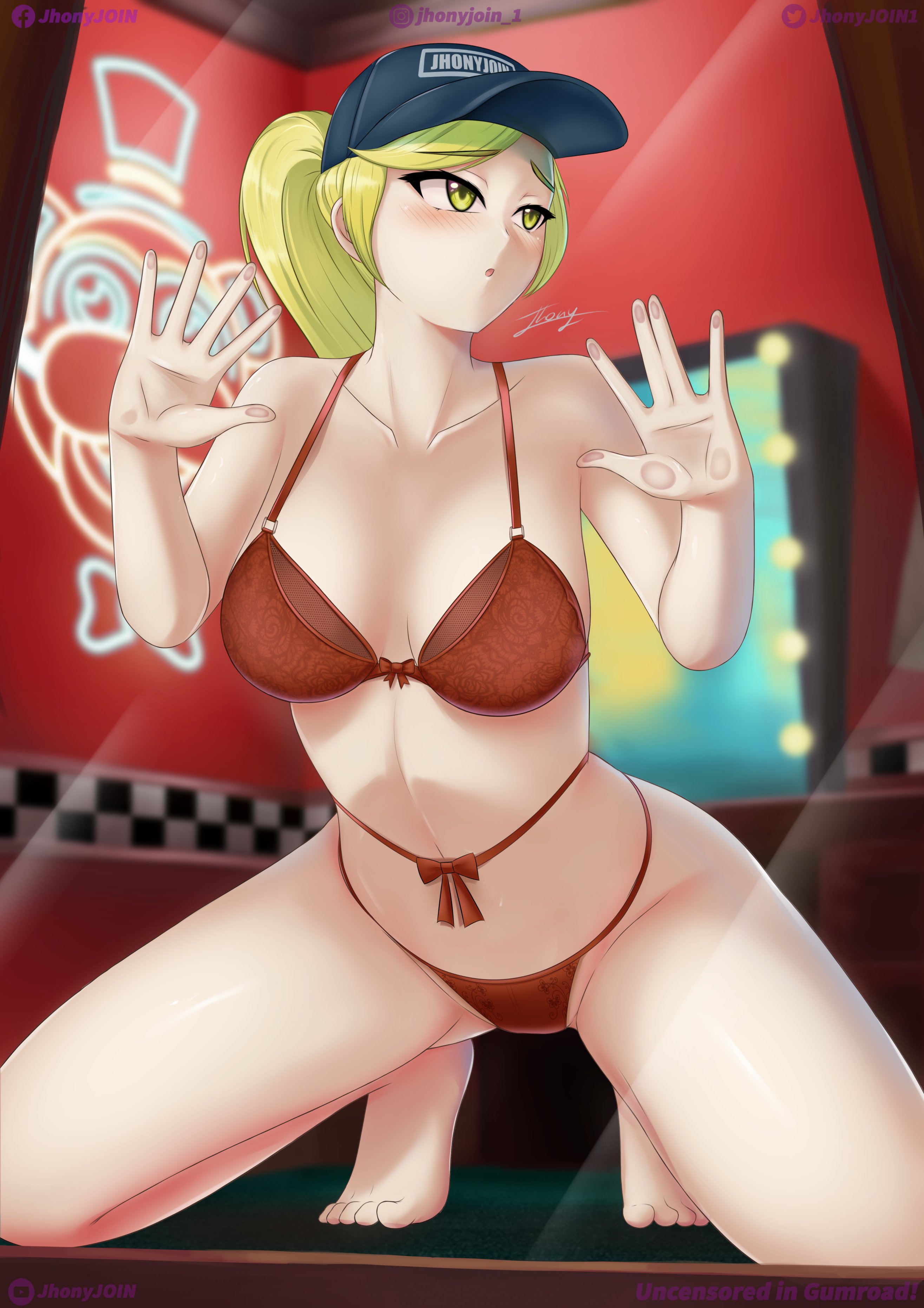 1girls, absurd res, against glass, blonde hair, blush, bra, breasts, female, female only, five nights at freddy's, five nights at freddy's: security breach, hi res, jhonyjoin, looking away, panties, solo, thighs, vanessa (fnaf), yellow eyes