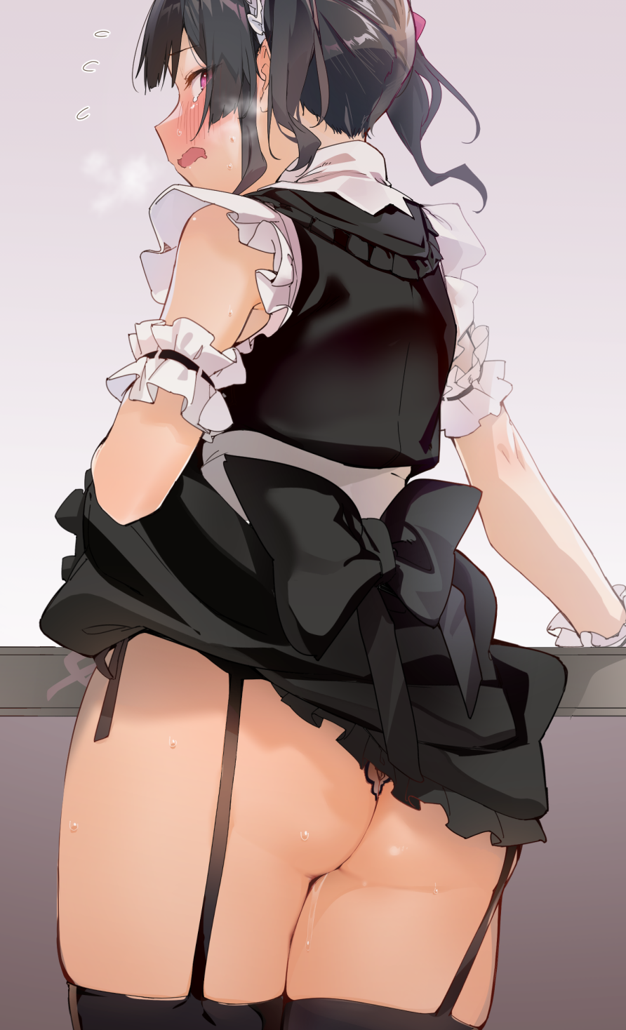 ass black_bow black_dress black_hair black_legwear black_panties blush bow clothes_lift commentary_request dress dress_lift female flying_sweatdrops garter_straps highres large_bow lifted_by_self looking_at_viewer looking_back maid maid_headdress medium_hair open_mouth original panties pink_eyes pussy_juice pussy_juice_leaking sleeveless sleeveless_dress solo standing thighhighs twintails underwear uno_ryoku