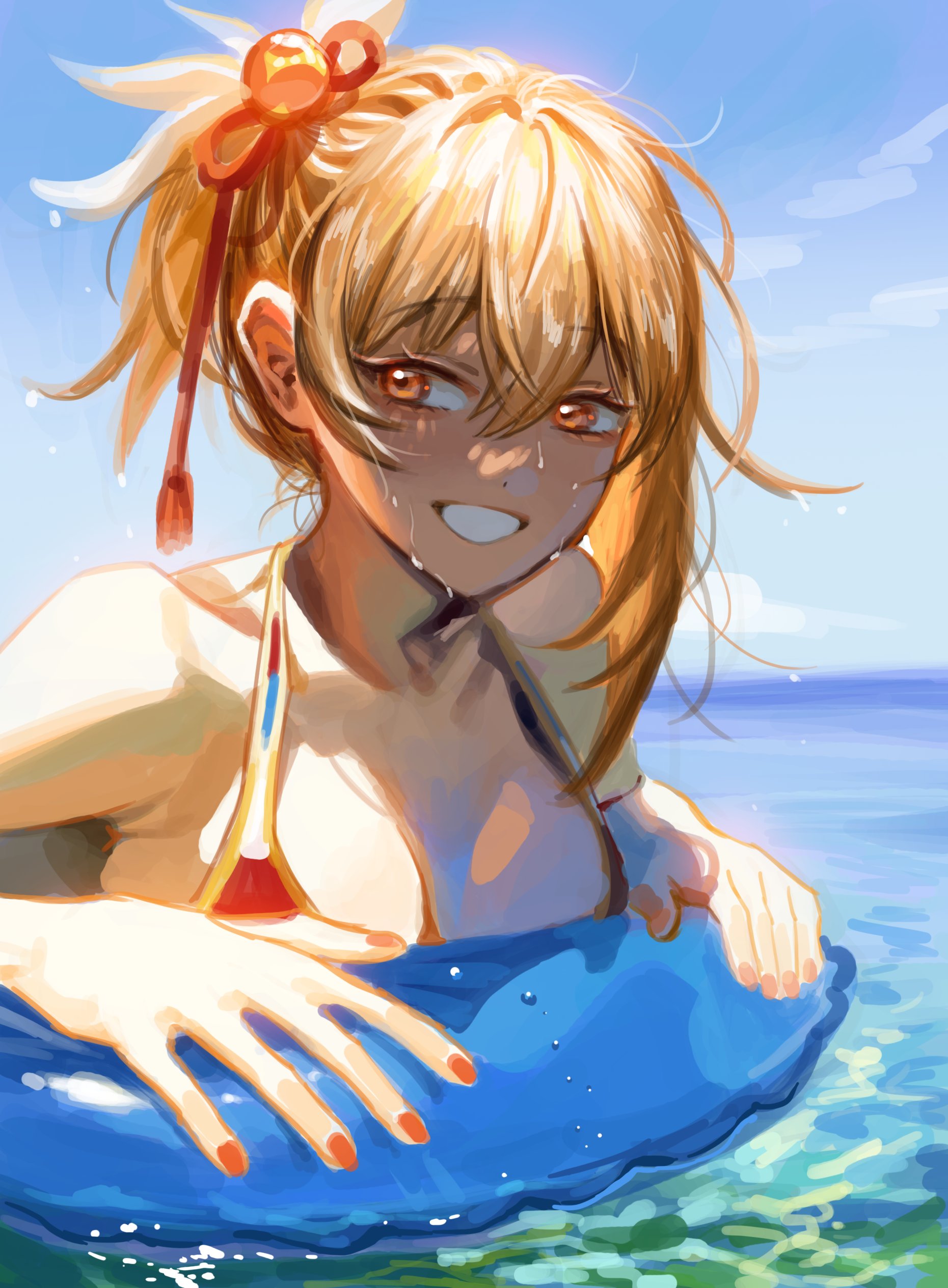 absurdres, alternate costume, asymmetrical hair, bikini, blonde hair, blue sky, blush, breasts, cleavage, cloud, cloudy sky, commentary, day, english commentary, eyebrows visible through hair, female, genshin impact, hair between eyes, hair ornament, half updo, highres, innertube, looking to the side, medium breasts, medium hair, nail polish, ocean, orange eyes, outdoors, partially submerged, ponytail, red bikini, red nails, sky, smile, solo, swimming, swimsuit, tassel, wet, wet hair, yai sea ball, yoimiya (genshin impact)