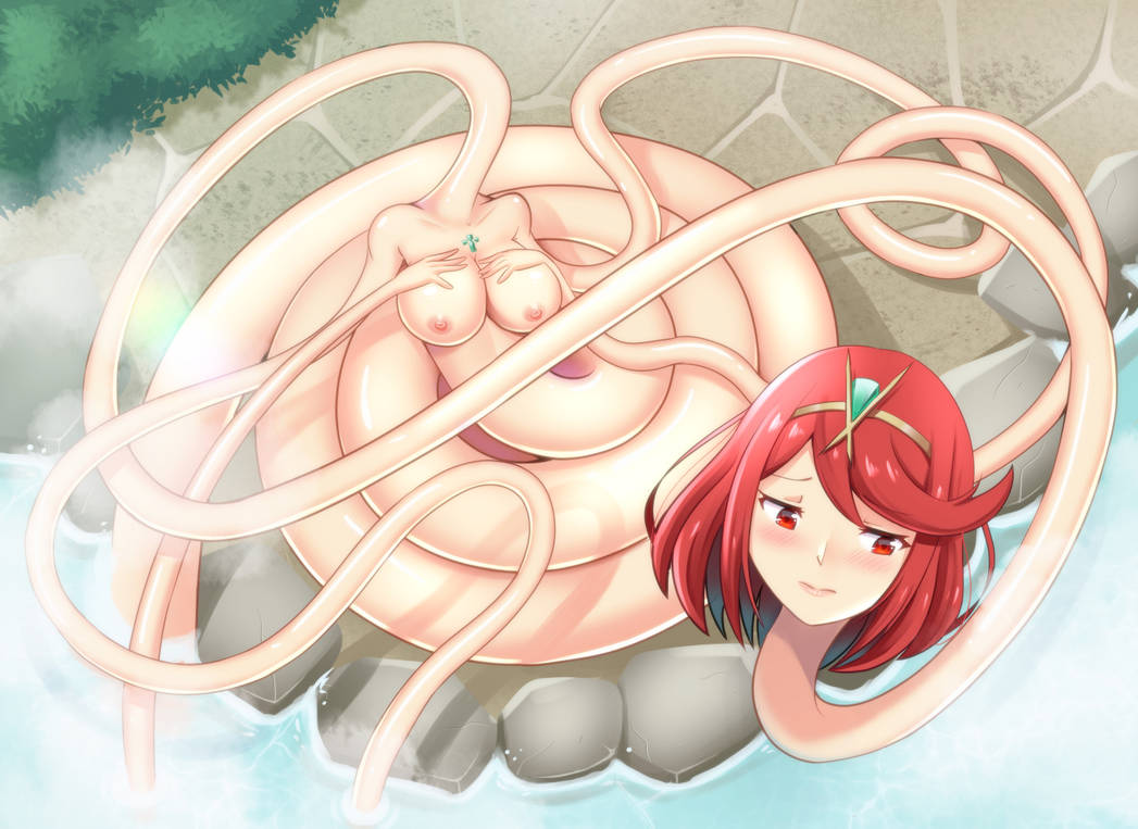 blush coiled elastic elongation hands_above_breasts looking_away looking_to_the_side nude nude_female outdoors pantsudesu pyra red_eyes red_hair solo solo_female xenoblade_(series) xenoblade_chronicles_2