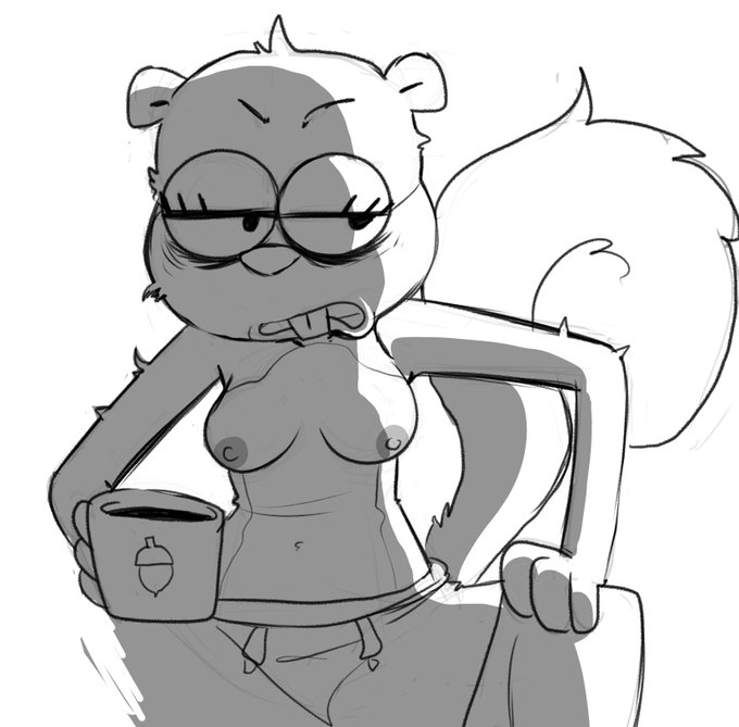 anthro areola aunt_maire breasts buckteeth clothed clothing cup drpizzaboi1 female mammal nickelodeon nipples rodent sandy_cheeks sciurid simple_background solo spongebob_squarepants straight_hair teeth topless white_background