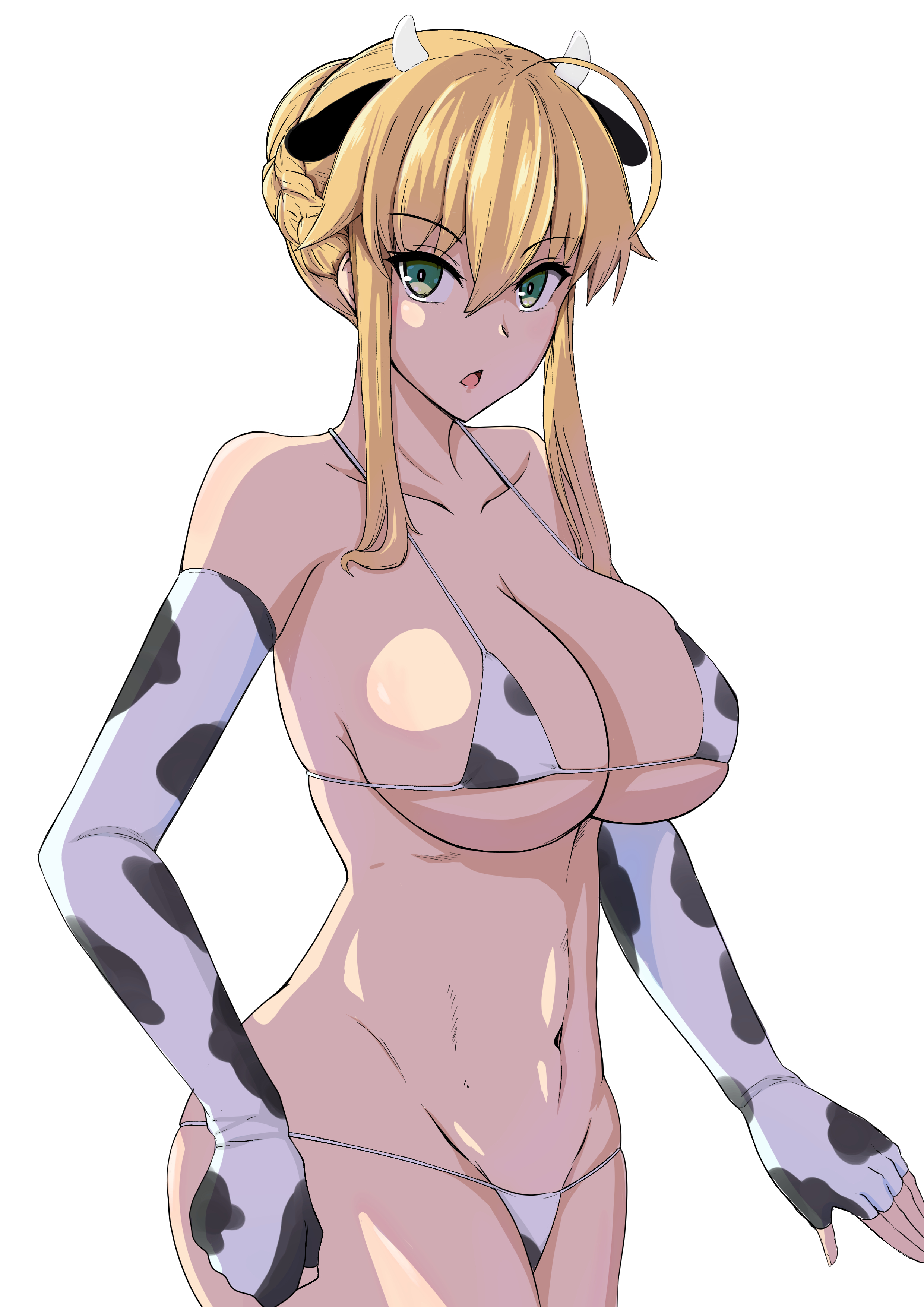:o, absurdres, animal ears, animal print, artoria pendragon, artoria pendragon (fate), artoria pendragon (lancer), bangs, bare shoulders, blonde hair, braid, breasts, cleavage, collarbone, cow ears, cow horns, cow print, elbow gloves, eyebrows visible through hair, fate (series), fate/grand order, female, fingerless gloves, gloves, green eyes, highres, horns, large breasts, looking at viewer, navel, open mouth, sideboob, sidelocks, simple background, solo, sungose, underboob, white background