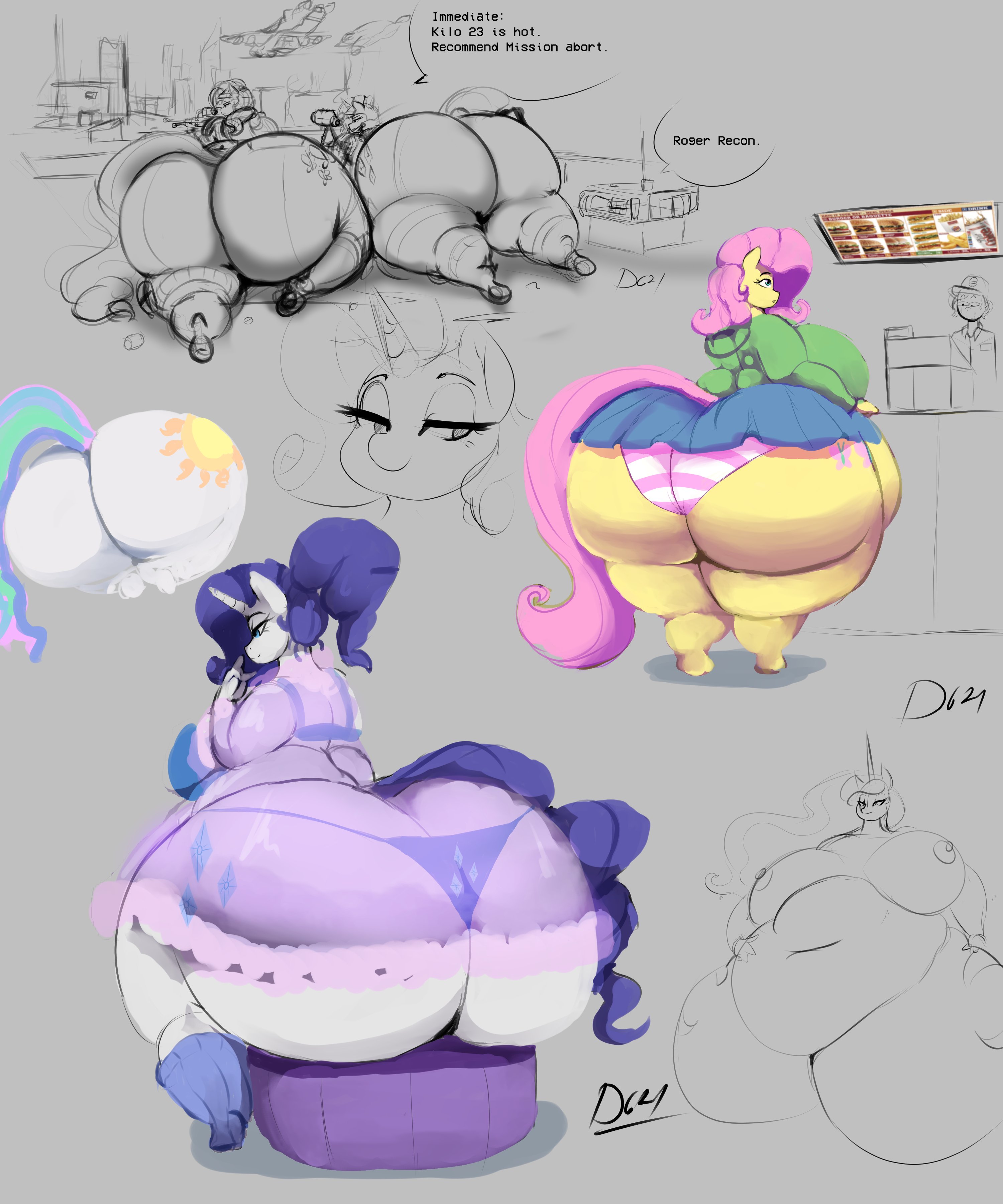 5:6, absurd res, anthro, anthrofied, ass, ass cleavage, ass crack, babydoll, big ass, big butt, bottomwear, breasts, butt crack, clothing, english text, equid, equine, fat, female, fluttershy (mlp), friendship is magic, hair, hasbro, hi res, horn, huge ass, huge butt, hyper, hyper ass, hyper butt, lingerie, mammal, miniskirt, my little pony, nightgown, obese, obese female, overweight, overweight female, panties, pink hair, princess celestia (mlp), princess luna (mlp), purple hair, rarity (mlp), see-through clothing, see-through dress, shimapan, skirt, straight hair, text, thelunarmoon, thick thighs, thong, underwear, unicorn, white body, yellow body