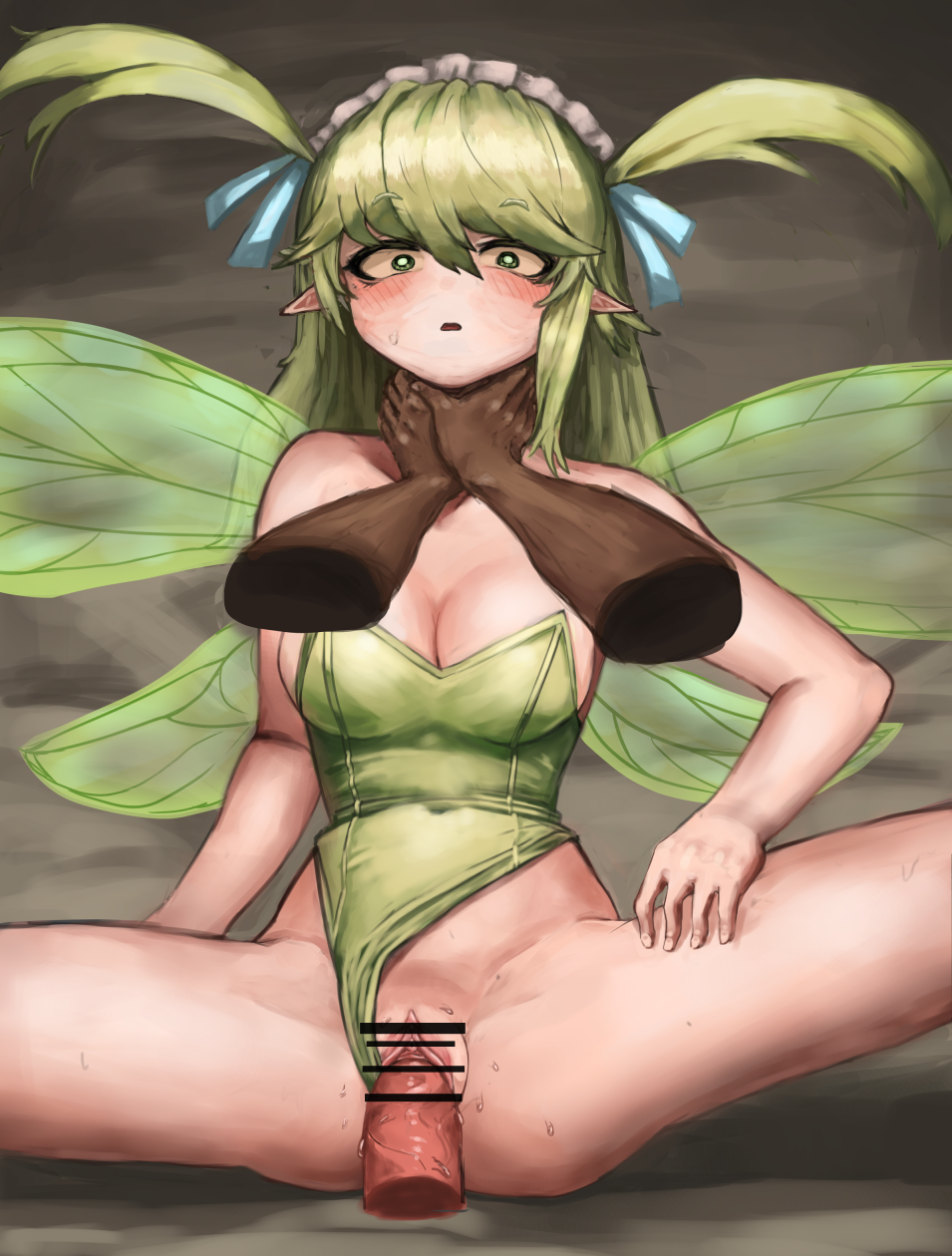 asphyxiation bangs bar_censor bare_arms bare_shoulders black_souls blue_ribbon blush breasts bright_pupils censored choking cleavage clothing_aside collar collarbone covered_navel ears_down eyebrows_visible_through_hair fairy fairy_wings female green_eyes green_leotard green_pupils green_wings grimm_(black_souls) hair_between_eyes hair_ribbon highres leaf_(black_souls) leotard leotard_aside light_green_hair long_hair maid_headdress medium_breasts open_mouth pointy_ears pussy ribbon ropeperson sex spread_legs straight strangling strapless strapless_leotard thighs two_side_up vaginal_penetration wings