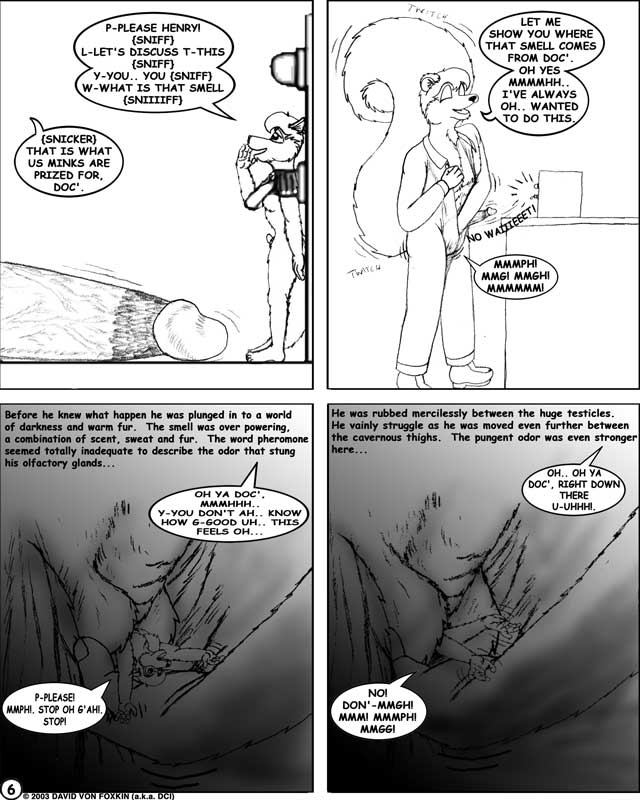 2003 animal_genitalia anthro anthro_on_anthro balls big_dom_small_sub biped canid canine canis clothed clothing comic dci dialogue digital_drawing_(artwork) digital_media_(artwork) dominant duo english_text erection genitals greyscale holding_character humanoid_genitalia humanoid_penis laboratory larger_male macro male male/male mammal micro micro_in_hand micro_on_macro mink monochrome musk mustelid musteline nude penis questionable_consent sex sheath size_difference size_play smaller_male speech_bubble text true_musteline wolf