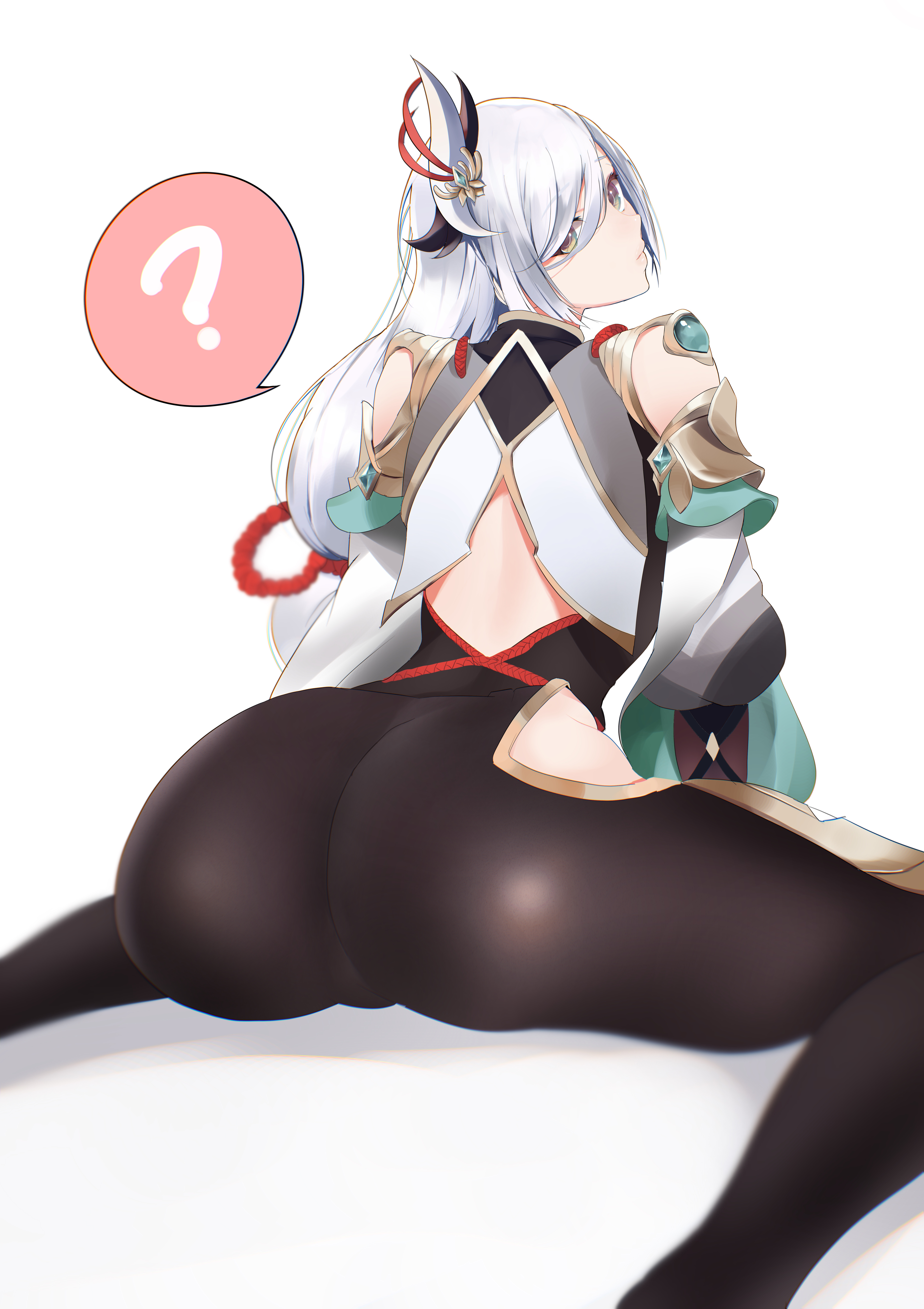 1girls, absurd res, arched back, ass, ass focus, back view, big ass, big butt, bodysuit, butt focus, female, from behind, genshin impact, hair ornament, hair over one eye, hi res, highres, hips, huge ass, huge butt, large ass, legs apart, legs spread, long hair, looking at viewer, looking back, minoru amayi, plain background, purple eyes, shenhe (genshin impact), simple background, slim waist, small waist, solo, thick, thick ass, thick thighs, thighs, tight clothing, viewed from behind, waist, white background, white hair, wide hips