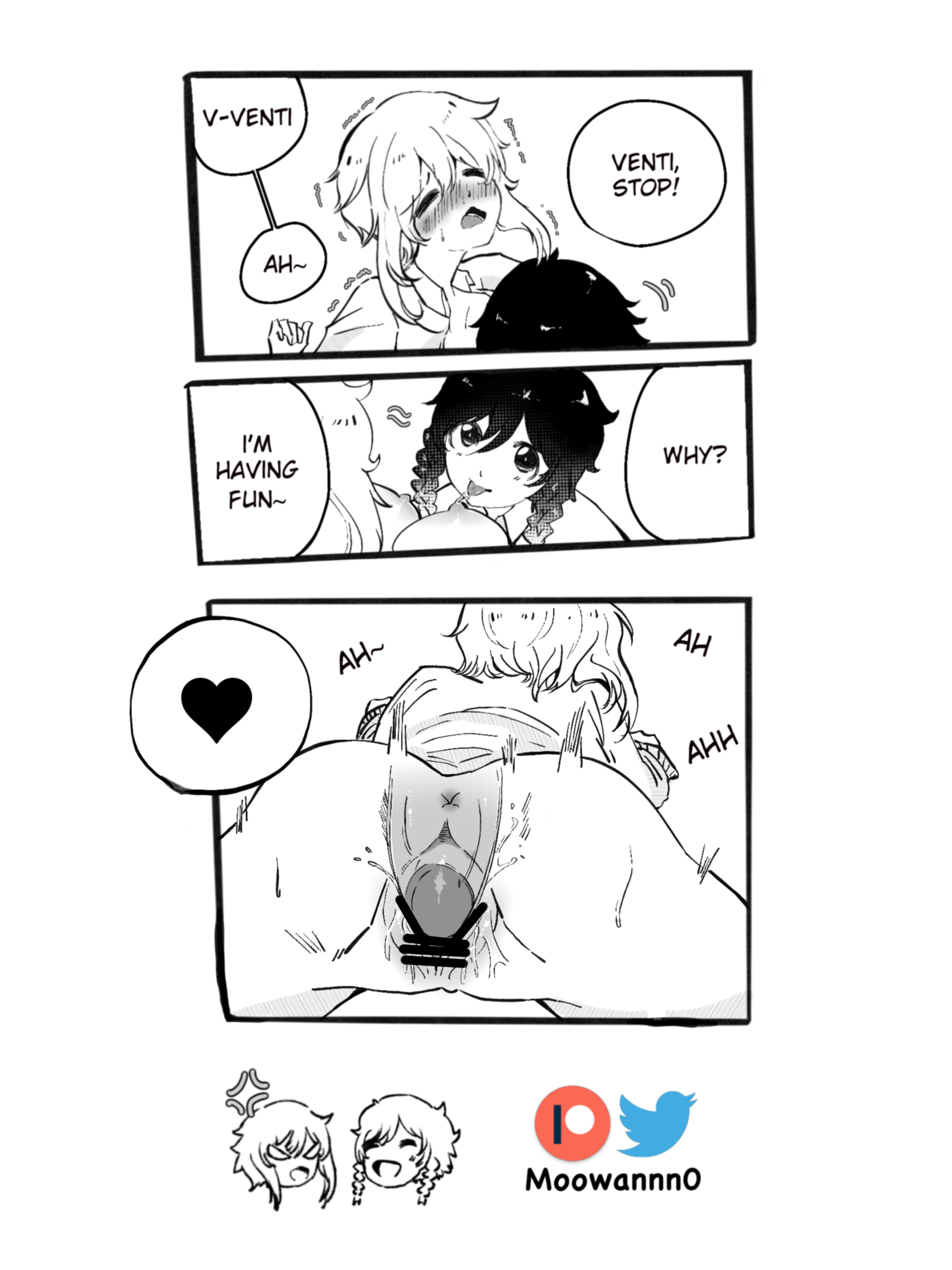 1boy, 1girls, asking to stop, blush, breasts, closed eyes, dialogue, english text, erection, female, female penetrated, femboy, femboy on female, femboydom, femsub, genshin impact, lumine (genshin impact), male, male penetrating, male penetrating female, maledom, nipples, penetration, penis, pussy, sex, straight, text, tongue, tongue out, vaginal penetration, venti (genshin impact)