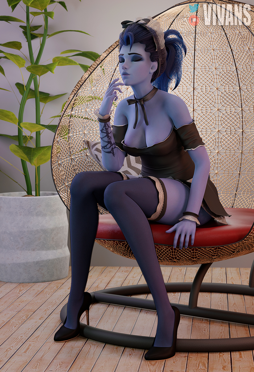 1girls 3d amelie_lacroix apron blender blizzard_entertainment blue_body blue_skin breasts brown_hair closed_eyes female female_only heels high_heels maid maid_uniform nipples overwatch solo stockings swimsuit tattoo vivans wide_hips widowmaker yellow_eyes