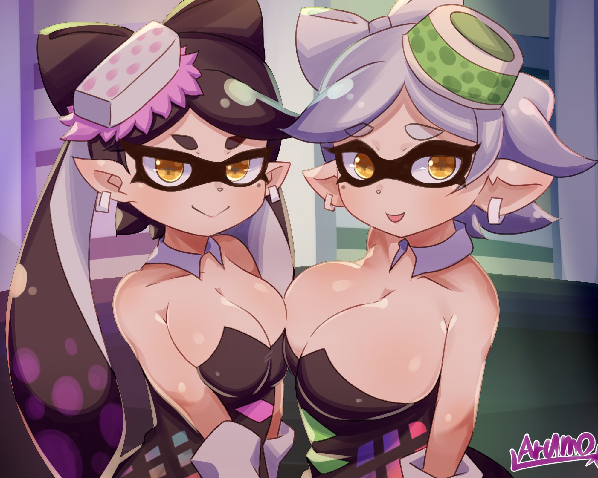 2girls, alternate breast size, arumo, asymmetrical docking, bare shoulders, big breasts, black hair, breast press, breast size difference, breast to breast, breasts, breasts to breasts, callie (splatoon), cleavage, closed mouth, cousins, domino mask, earrings, eye contact, female, female only, gloves, inkling, jewelry, large breasts, light skin, light-skinned female, long hair, looking at viewer, marie (splatoon), mask, multiple females, multiple girls, nintendo, short hair, silver hair, smile, smiling, smooth skin, splatoon, splatoon (series), squid sisters, tentacle hair, white gloves, yellow eyes