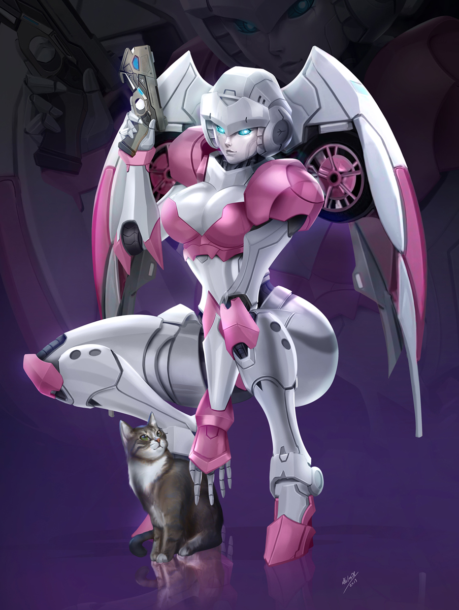 1girls arcee arcee_(g1) big_breasts blue_eyes cat curvaceous curvy curvy_body curvy_female curvy_figure ex-01_nicee felox08 female female_only gynoid pistol robot robot_girl robot_humanoid solo squatting thick_thighs tits transformers white_body