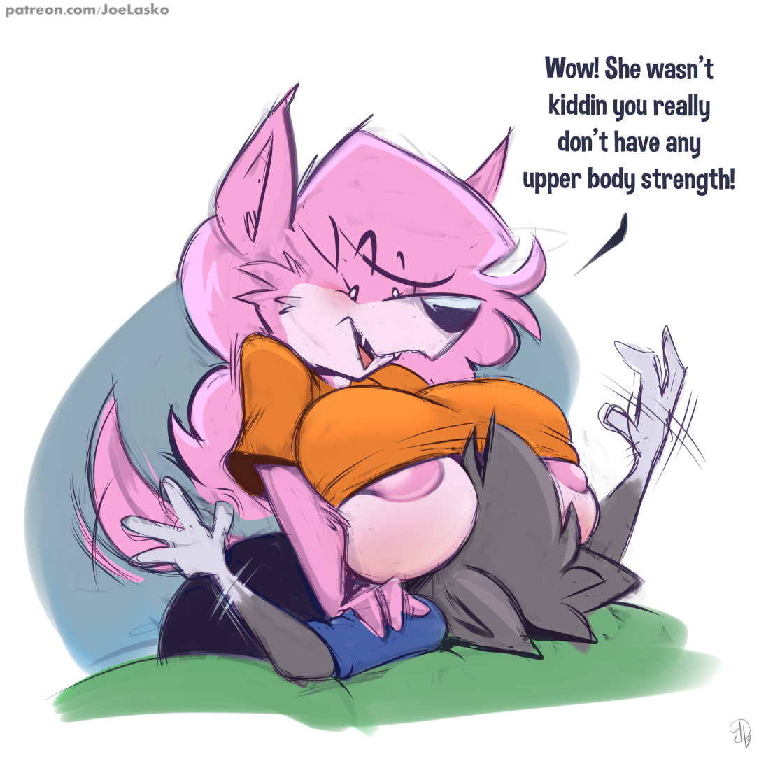 2021, aeris (vg cats), alternate species, anthro, areola, areola slip, big breasts, big nose, bottomwear, breast smother, breasts, canid, canine, canis, clothed, clothing, cute fangs, dialogue, dogris (vg cats), domestic cat, domestic dog, duo, face in breasts, felid, feline, felis, female, hair, joelasko, leo (vg cats), male, male/female, mammal, open mouth, pants, partially clothed, pink body, pink hair, pinned, shirt, smile, smothering, struggling, t-shirt, tailwag, text, topwear, vg cats, webcomic