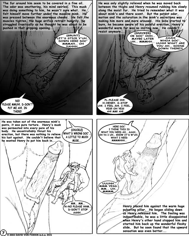 2003 animal_genitalia anthro anthro_on_anthro balls big_dom_small_sub biped bodily_fluids bodyjob canid canine canis clothed clothing comic dci dialogue digital_drawing_(artwork) digital_media_(artwork) dominant duo english_text erection genital_fluids genitals greyscale humanoid_genitalia humanoid_penis laboratory larger_male macro male male/male mammal micro micro_on_macro mink monochrome musk mustelid musteline nude penis precum sex sheath size_difference size_play smaller_male speech_bubble text true_musteline wolf