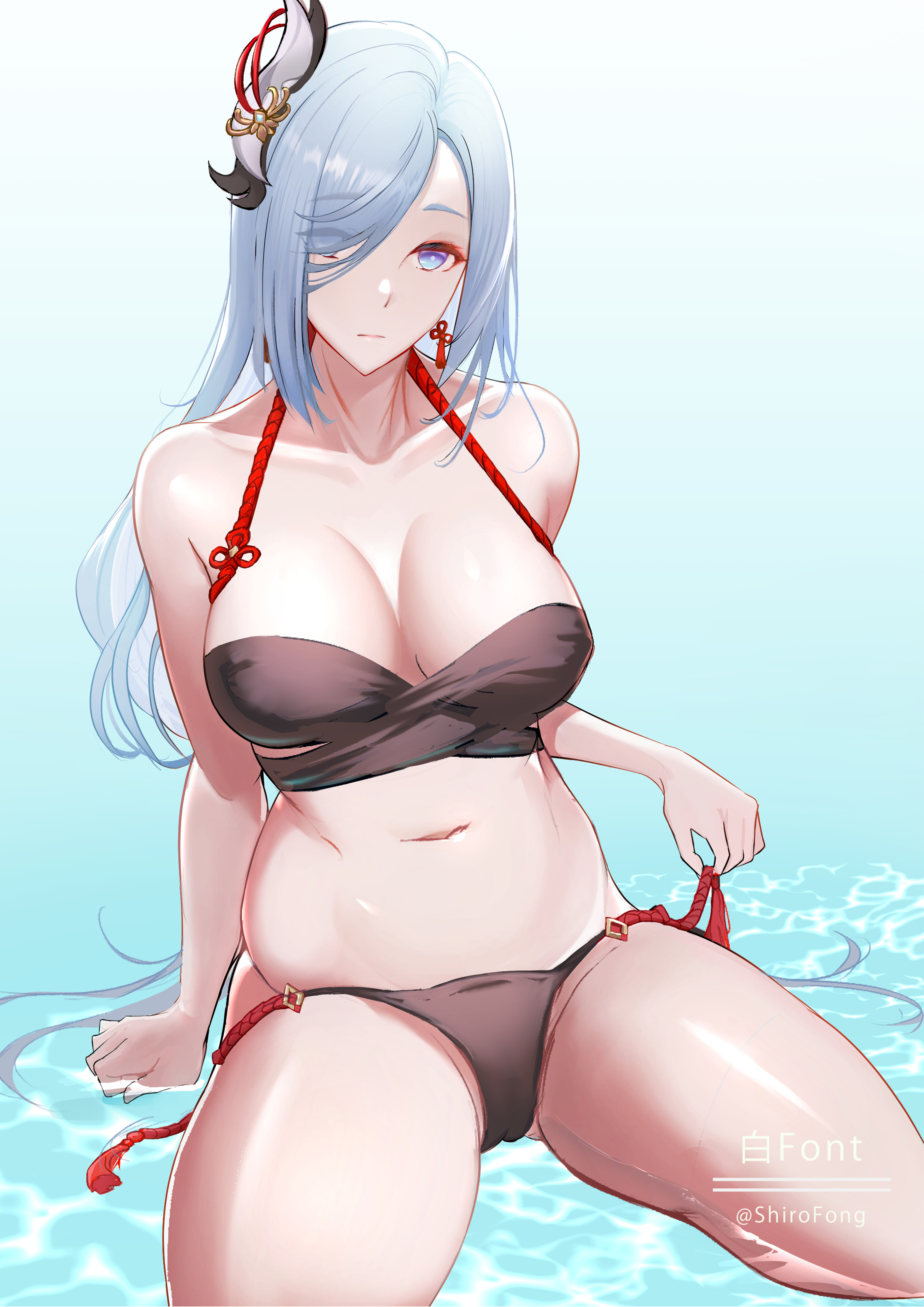 1girls, absurd res, bare shoulders, belly button, big breasts, bikini, bikini bottom, bikini top, black bikini, blue eyes, breasts, cleavage, collarbone, detailed background, earrings, female, genshin impact, hair ornament, hair over one eye, hi res, highres, hips, huge breasts, large breasts, legs apart, legs spread, long hair, looking at viewer, midriff, shenhe (genshin impact), shiny skin, shiro font, shoulders, sitting, slim waist, small waist, solo, spread legs, thick, thick thighs, thighs, waist, water, wet, white hair, wide hips