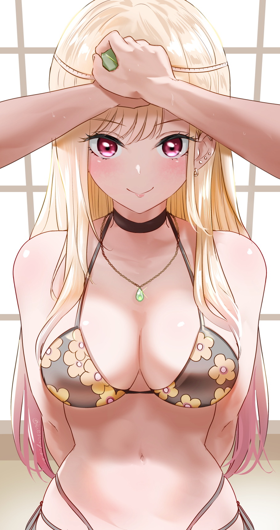 1girls, 2022, arms behind back, bikini, blonde hair, blush, breasts, choker, ear piercing, eye contact, female, flower pattern, gyaru, highlights, hips, hourglass figure, indoors, kitagawa marin, large breasts, long hair, looking at viewer, measuring tape, necklace, pov, red eyes, red highlights, side-tie bikini, slim waist, smile, sono bisque doll wa koi wo suru, teenage girl, uenoryoma