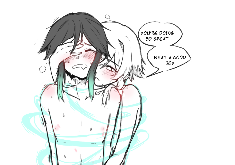 1boy, 1girls, 2isted-chocol8, blush, clenched teeth, closed eyes, dialogue, english text, female, femboy, femboy on female, femboysub, femdom, from behind, genshin impact, hand on face, implied handjob, lumine (genshin impact), male, malesub, nipples, nude, nude female, nude male, offscreen handjob, straight, sweat, text, venti (genshin impact)