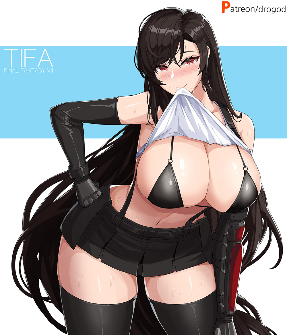 bikini, black bikini, black bra, black hair, blush, bra, breasts, drogod (artist), female, final fantasy, final fantasy vii, gloves, hand on hip, large breasts, long hair, looking at viewer, microskirt, miniskirt, mouth hold, navel, presenting, presenting breasts, red eyes, shirt, shirt lift, skirt, suspenders, sweat, sweatdrop, tagme, thighhighs, thighs, tifa lockhart