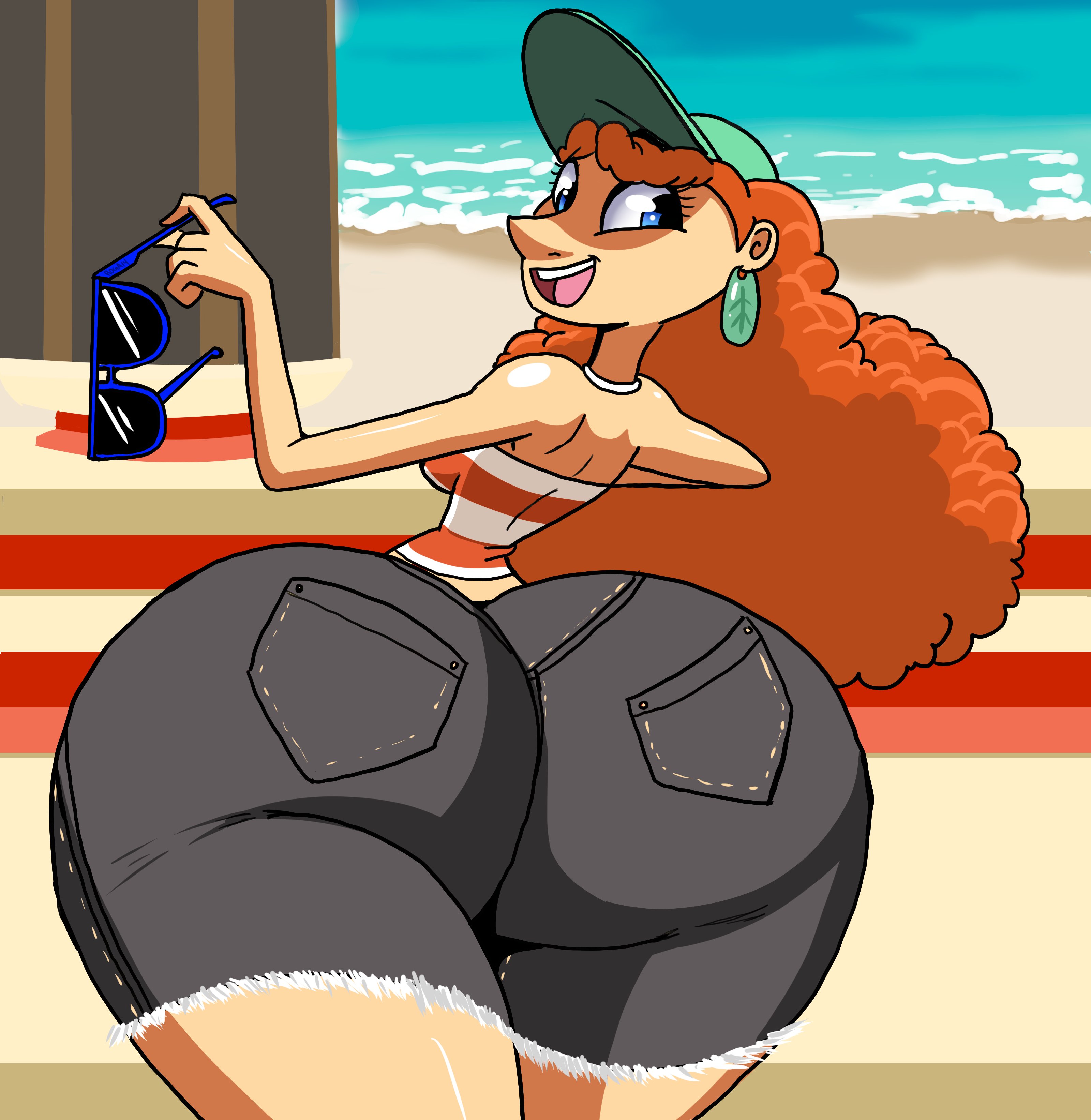 ass, ass bigger than head, beach, big ass, big butt, blue eyes, bottom heavy, bubble ass, bubble butt, disney, ear piercing, earrings, enormous ass, enormous butt, eyewear removed, fat ass, fat butt, female, female only, gigantic ass, gigantic butt, hat, huge ass, huge butt, inner workings, kate (inner workings), large ass, large butt, long hair, massive ass, massive butt, narrow shoulders, orange hair, roga14, seductive, striped shirt, sun hat, sunglasses, sunglasses removed, thick ass, thick thighs, thighs, thin arms, thin waist, voluptuous, wide hips