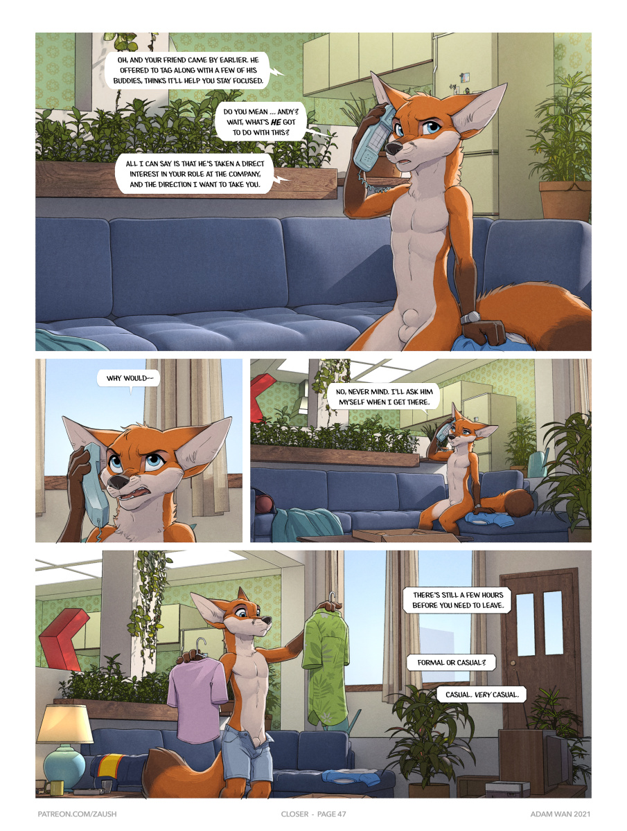 1boy adam_wan animal_genitalia anthro canid canine closer_(zaush) comic detailed_background dressing english_text fox fully_sheathed fur genitals hi_res jayden_coultier_(zaush) male male_only mammal nude orange_body orange_fur page_47 page_number phone_call plant sheath solo text zaush