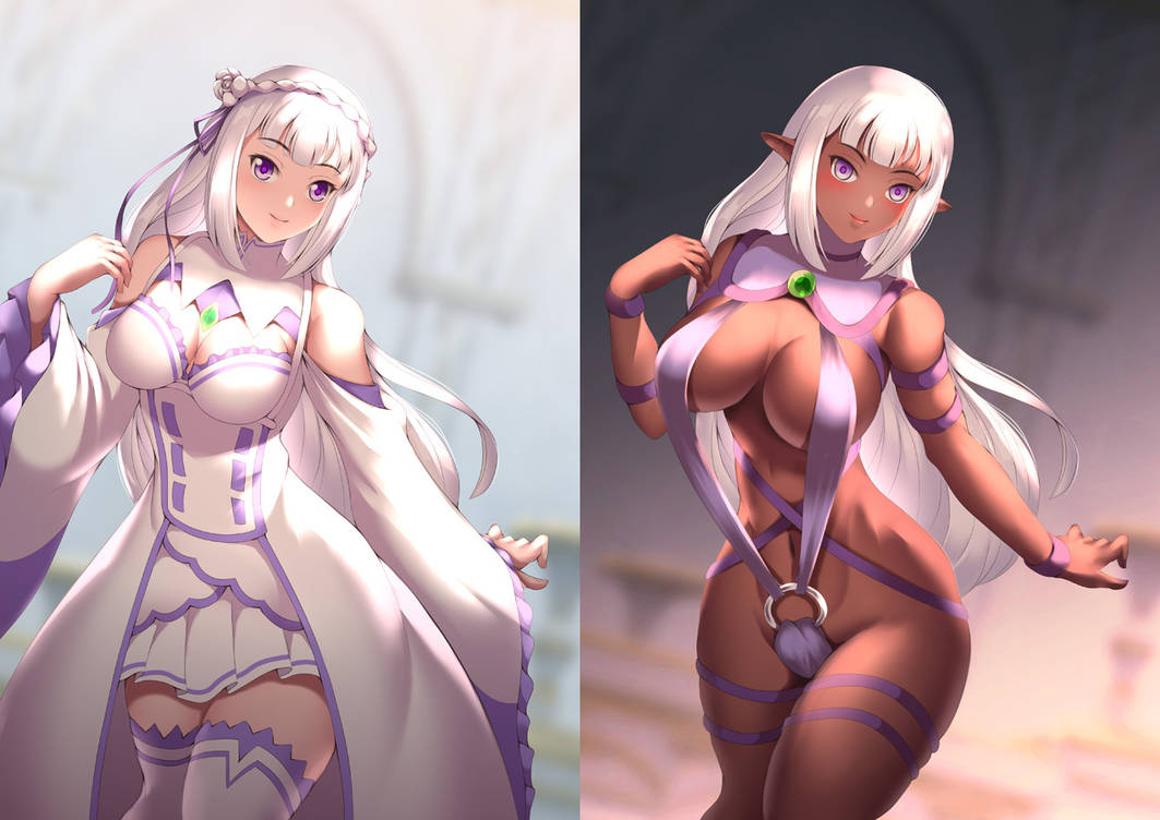 before and after, belly dancer, belly dancer outfit, breasts, brown skin, cleavage, dancer, dancer outfit, dark elf, dark skin, dark-skinned female, elf, elf ears, emilia (re:zero), enslaved royal, female, femsub, harem girl, harem outfit, haryudanto, hypnosis, mind control, pointy ears, re:zero kara hajimeru isekai seikatsu, revealing clothes, royalty, sideboob, skimpy, slave, slave outfit, submissive female