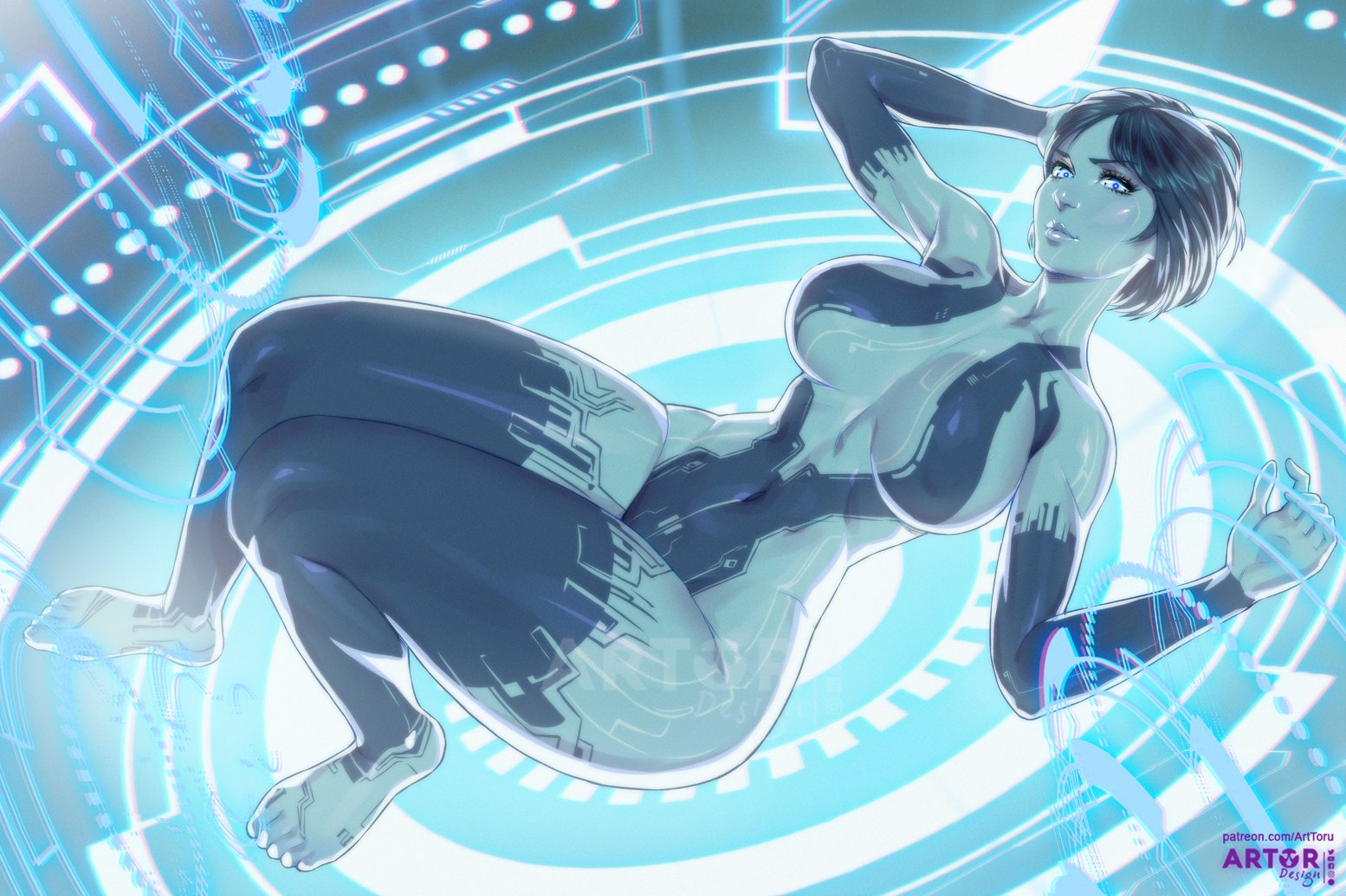 1girls, 2d, artificial intelligence, arttoru, athletic, athletic female, blue hair, breasts, busty, cortana, female, female only, halo (series), huge breasts, huge thighs, human, large breasts, looking at viewer, lying on back, solo, thick thighs