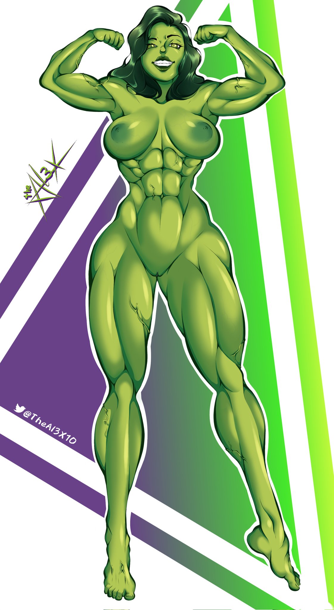 1girls, abs, artist name, athletic, athletic female, barefoot, belly button, big breasts, breasts, calf muscles, female, female only, fit, fit female, flexing, flexing bicep, flexing both biceps, green body, green eyes, green hair, green nipples, green skin, grin, grinning, grinning at viewer, high heels, hulk (series), large breasts, marvel, marvel comics, muscles, muscular, muscular arms, muscular female, muscular legs, muscular thighs, navel, nipples, nude, pose, posing, pussy, she-hulk, six pack, solo, solo female, theal3x10 (artist), thick thighs, thunder thighs, veins, veiny breasts, veiny muscles, vulva