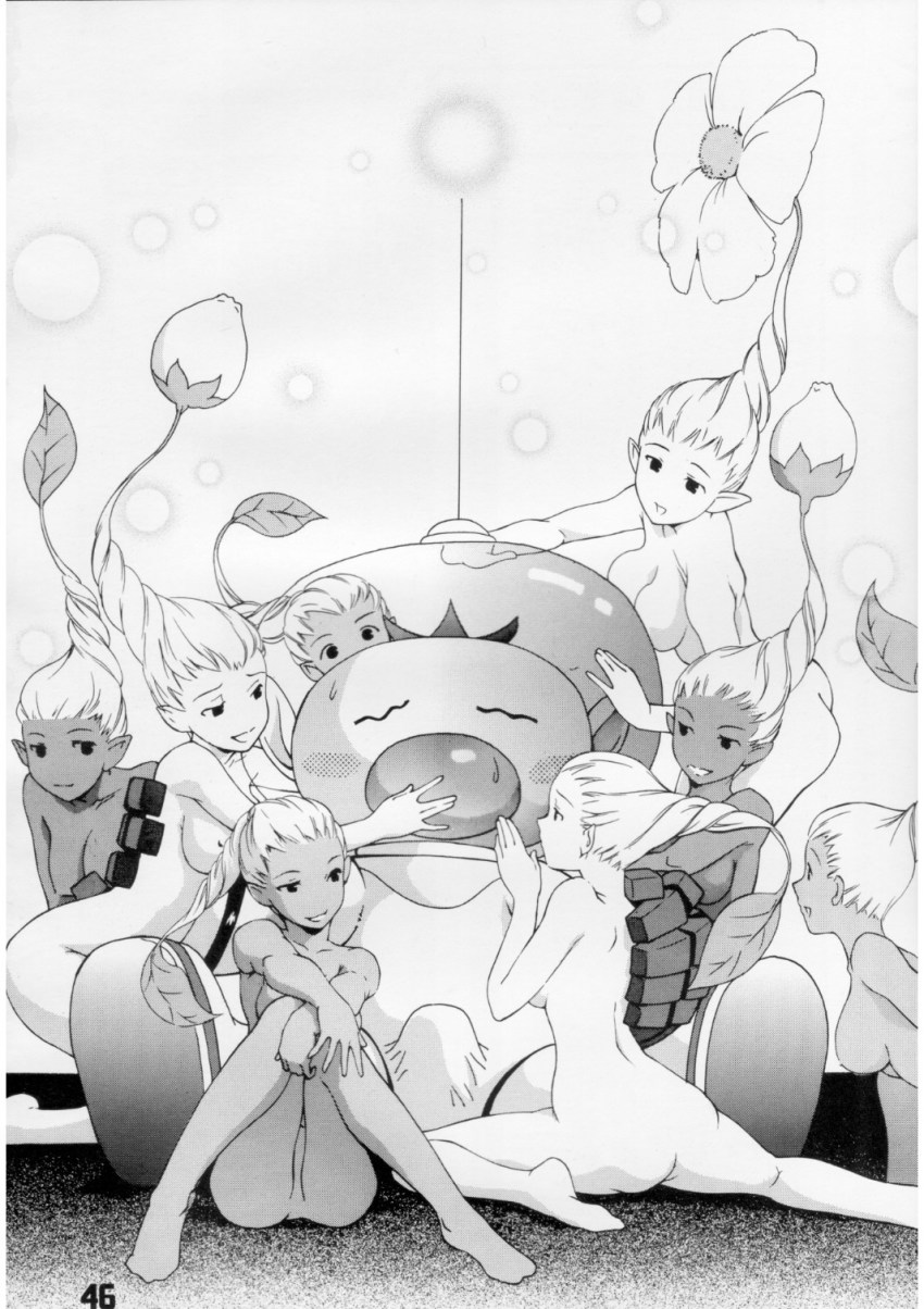 1boy 6+girls 8girls alien astronaut astronaut_suit blush boner boner_in_pants bulge bulge_through_clothing harem horny_female olimar pikmin pikmin_(species) plant_girl surrounded sweat tagme