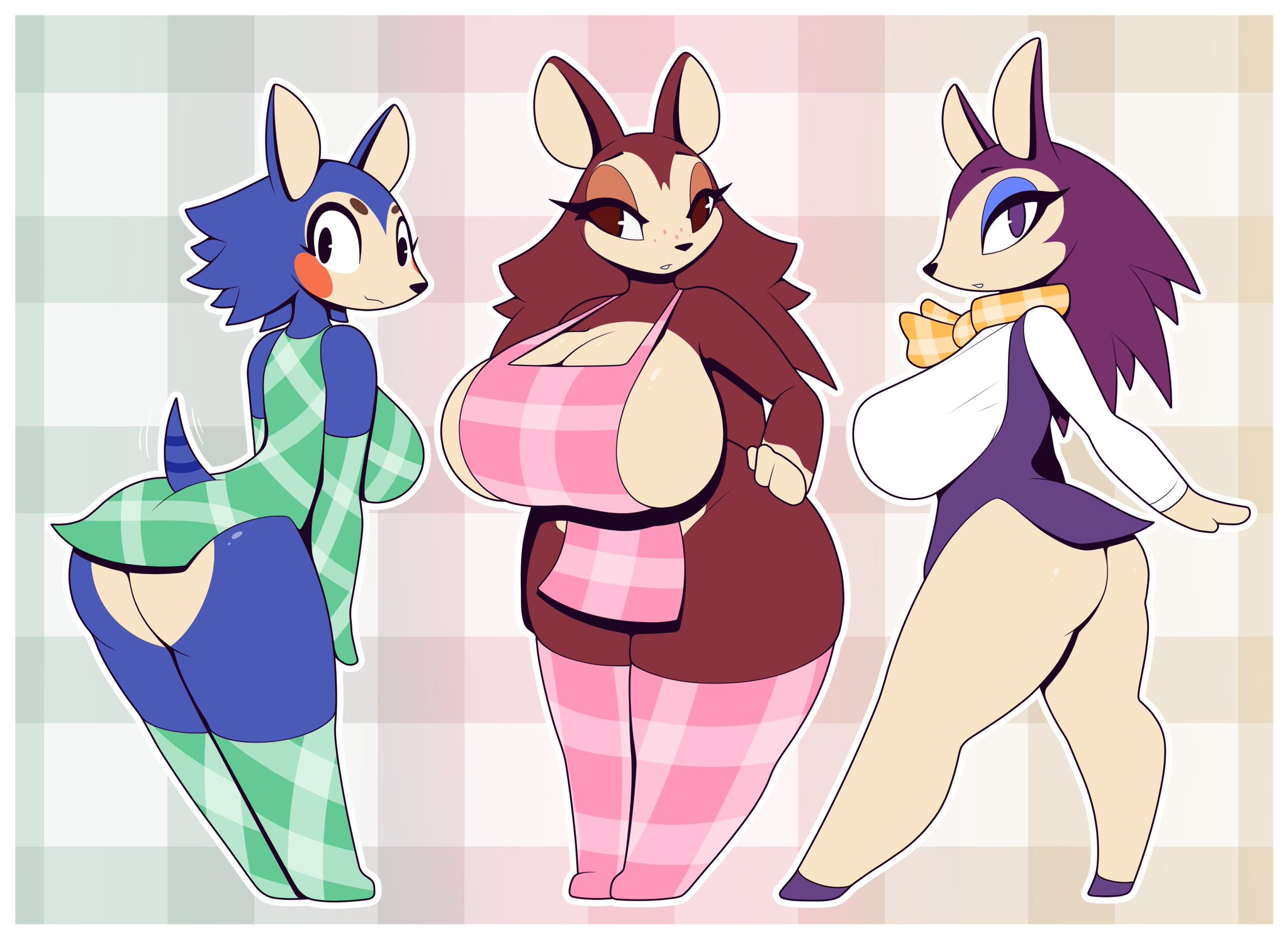 2021, 2d, 3girls, absurd res, alternate breast size, animal crossing, anthro, anthro only, ass, big ass, big breasts, breasts, female, female focus, female only, fur, furry, furry only, hi res, hyper breasts, labelle able, looking at viewer, looking back, mabel able, nintendo, no humans, nub feet, partially clothed, r-mk, sable able, tail, thick thighs, wide hips