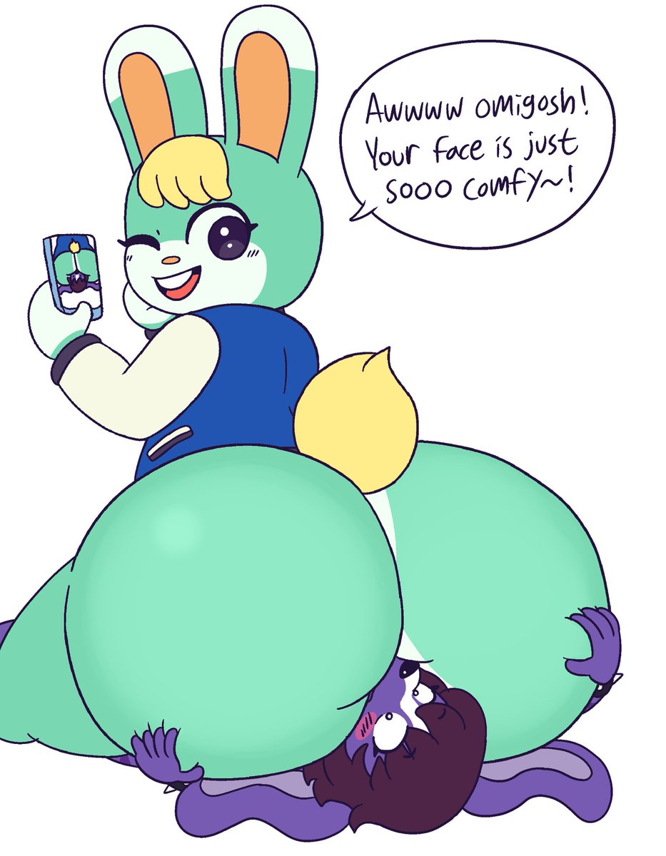 2021, animal crossing, ass, ass focus, ass grab, ass on face, blonde hair, blue eyes, blush, bunny ears, bunny tail, drawful-s, facesitting, femboy, gay, green fur, male, male only, male/male, nintendo, phone, purple fur, sasha (animal crossing)