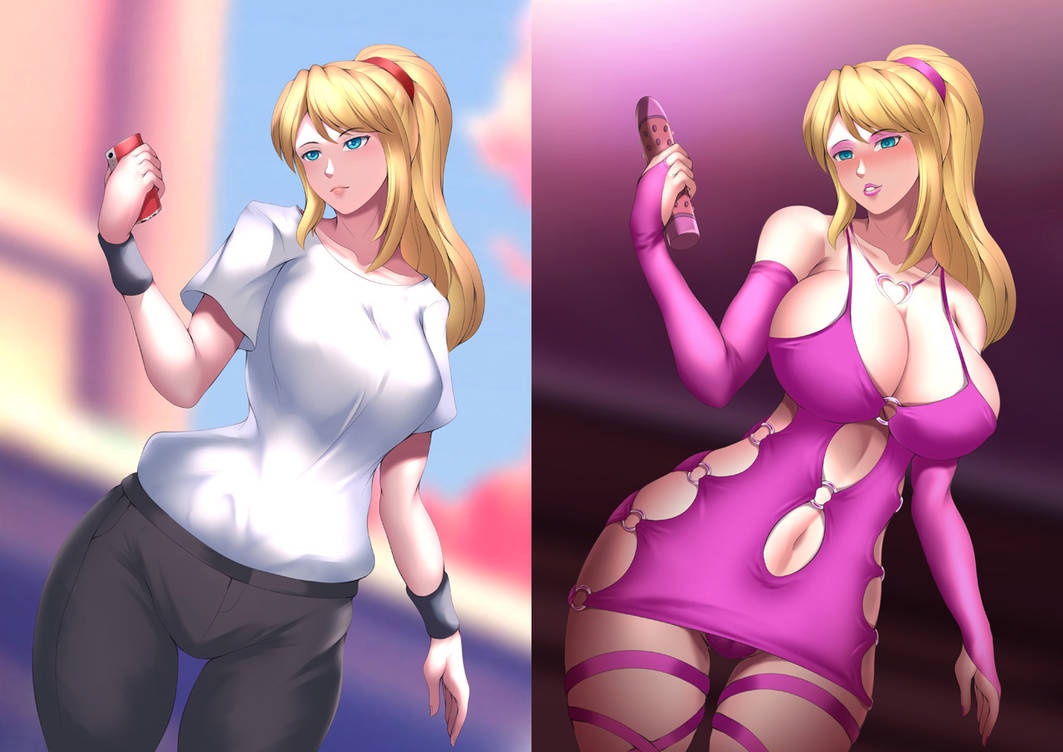 1girls, alternate breast size, before and after, bimbo, bimbofication, blonde hair, blue eyes, bodycon, brainwashed, brainwashing, breasts, bridal gauntlets, cleavage, corrupted, corruption, dildo, elbow gloves, eyeshadow, female, gloves, haryudanto, hip vent, huge breasts, lipstick, makeup, metroid, navel, navel cutout, nintendo, ponytail, revealing clothes, samus aran, solo, transformation, voluptuous