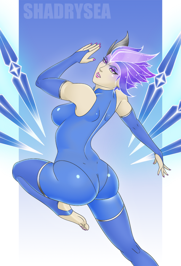 ass big_ass big_butt blue_hair frostblade_irelia irelia_xan league_of_legends purple_eyes purple_hair shadrysea snowdown_series winter_wonderland_series