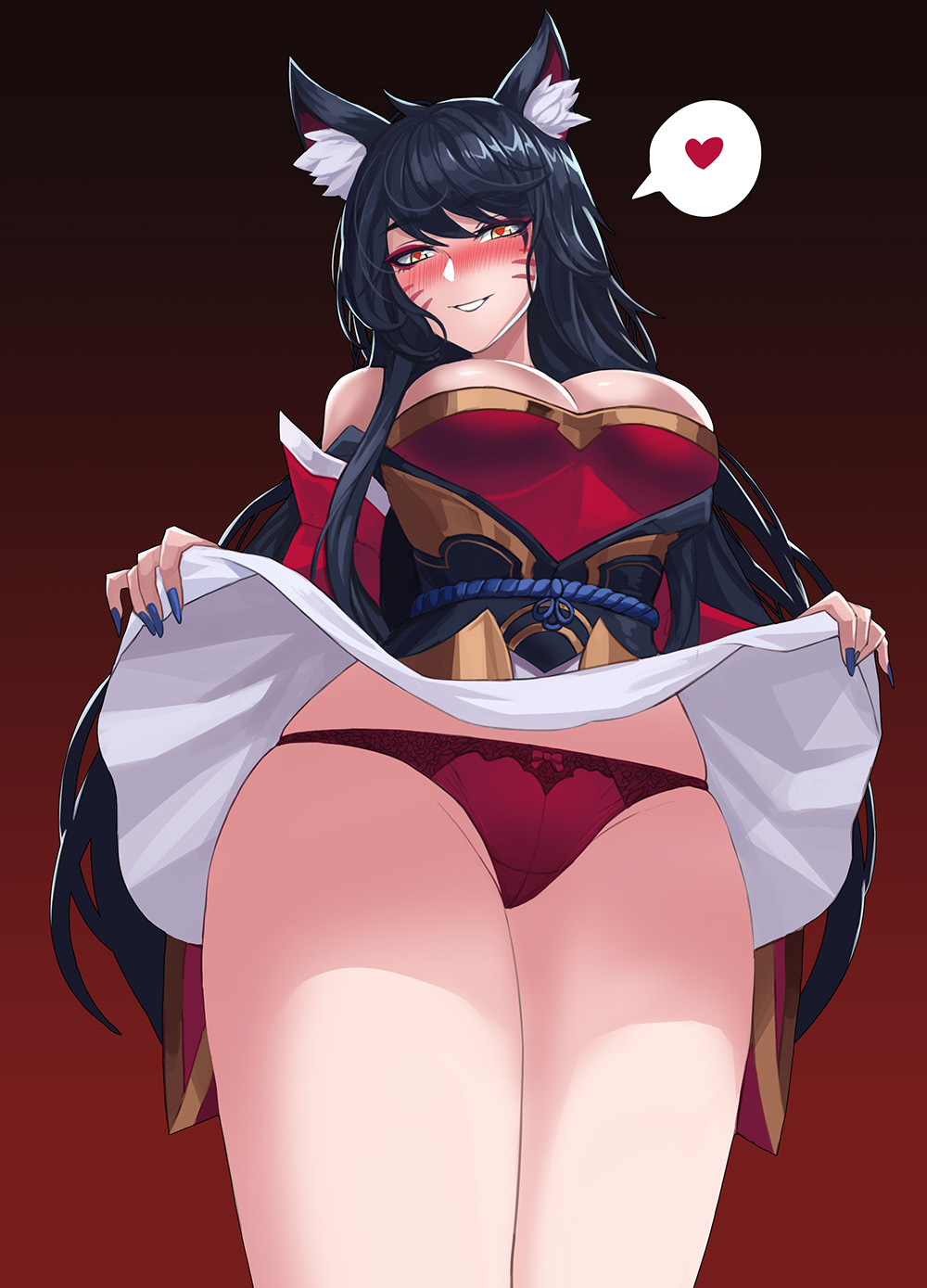 ahri, animal ears, black hair, blush, bow panties, breasts, cleavage, drogod (artist), facial markings, female, fox ears, heart-shaped pupils, league of legends, looking at viewer, panties, presenting, presenting panties, red panties, riot games, skirt, skirt lift, standing, tagme, thighs, yellow eyes