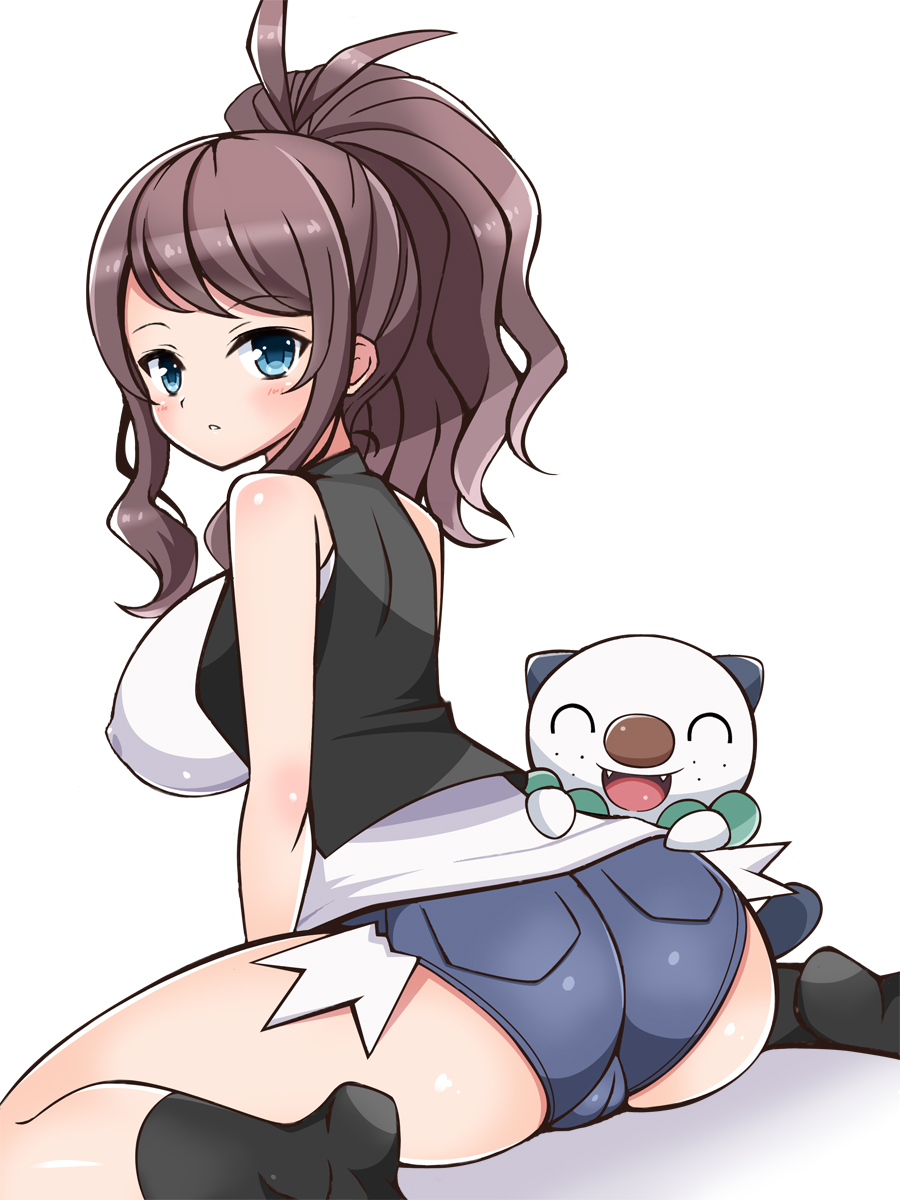 ass blue_eyes blush breasts brown_hair chro erect_nipples female hilda_(pokemon) human large_breasts long_hair looking_at_viewer nintendo oshawott pokemon pokemon_(species) shorts sitting smile socks vest wariza white_background