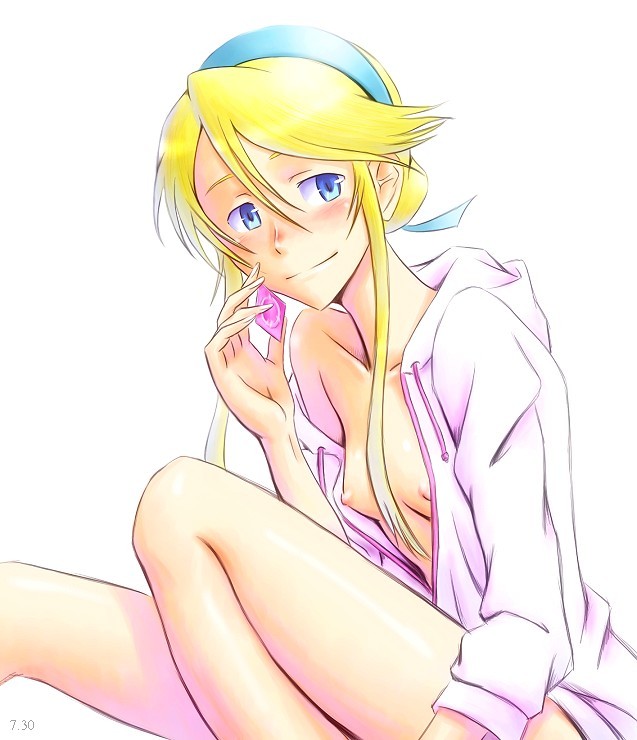 blonde_hair blue_eyes blush bonnie_(rsg) breasts condom female hairband heroman hoodie lina_davis long_hair nipples open_clothes small_breasts smile solo