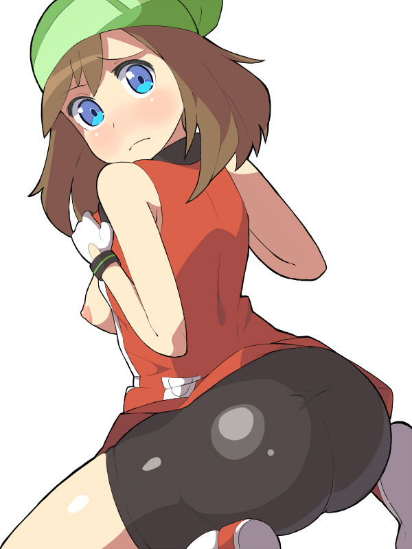 1girls ass bike_shorts blue_eyes blush breasts brown_hair female female_only gloves green_bandana huge_ass human human_only may_(pokemon) may_(pokemon_emerald) momogesomaru nintendo nipples pokemon short_hair sideboob solo