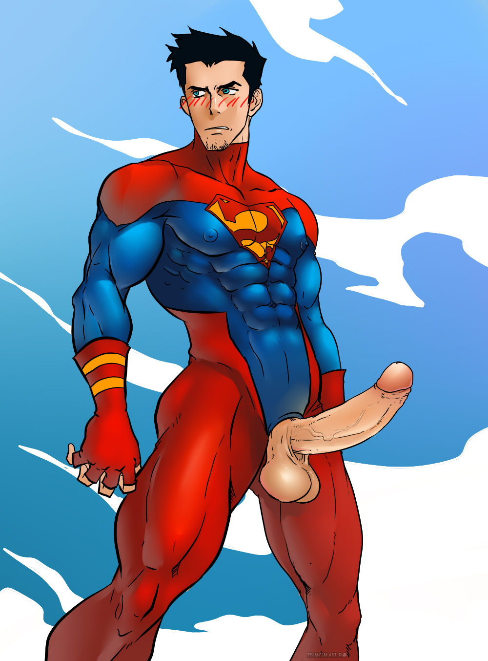 1boy abs balls ballsack bara black_hair blue_eyes blush bodysuit chin_pubes clouds conner_kent dc dc_comics erection facial_hair fingerless_gloves flying foreskin foreskin_folds highres huge_cock human inmomakuro intact kon-el large_penis male male_only muscle muscles muscular_male pecs penis retracted_foreskin s_shield scrotum short_hair skin_tight solo superboy superboy_(conner_kent) superhero superman_(series) testicles uncensored uncut veiny_penis