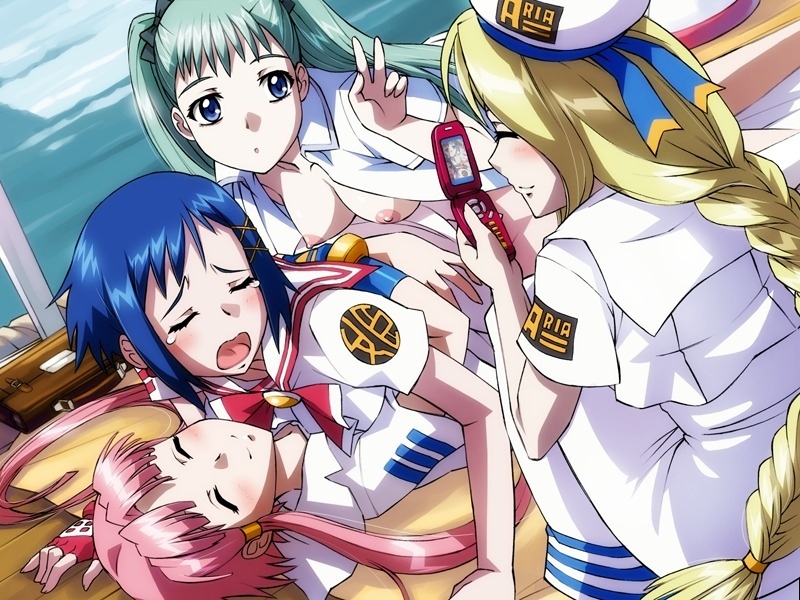 4girls aika_granzchesta_(aria) akari_mizunashi_(aria) alice_carroll_(aria) alicia_florence_(aria) aria_(series) blonde_hair blue_hair blush breasts cellphone clothing erect_nipples female green_hair human human_only multiple_girls nipples open_mouth penetration photografic_proof pink_hair smile strap-on v yuri