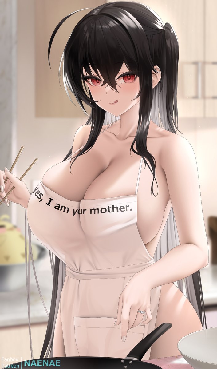 1girls, ahoge, apron, artist request, azur lane, big breasts, black hair, chopsticks, cleavage, cooking, kitchen, naked, naked apron, naked female, red eyes, taihou (azur lane), tongue out, voluptuous, voluptuous female, wedding ring