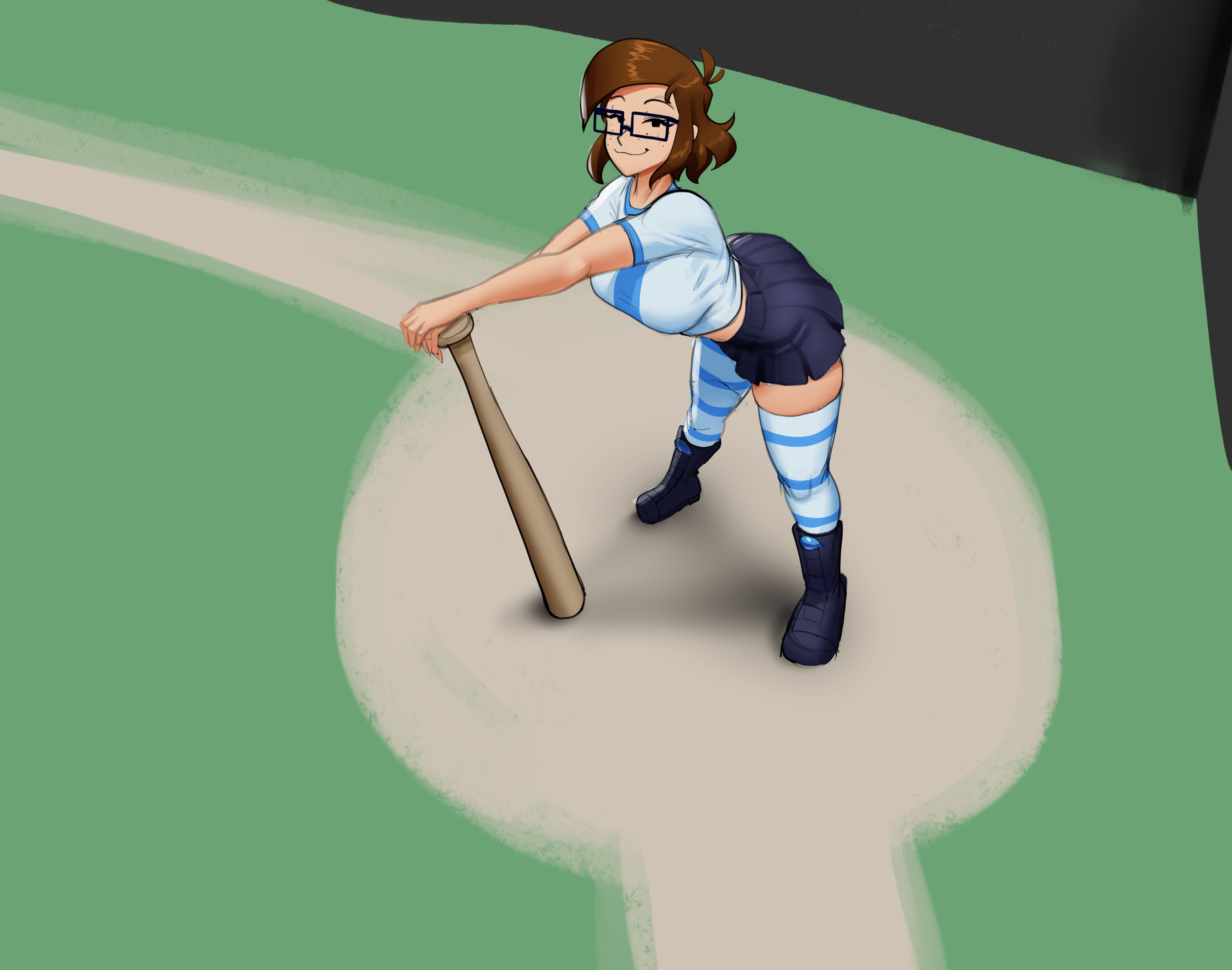 1girls, arched back, baseball, baseball bat, baseball uniform, bat, big breasts, big butt, breast expansion, butt expansion, clothed, cute, gaussnek, glasses, growth, light skin, light-skinned female, shoes, short hair, skirt, smirk, smirking, smirking at viewer, smug, smug face, striped thighhighs, tagme, thighhighs, thighs