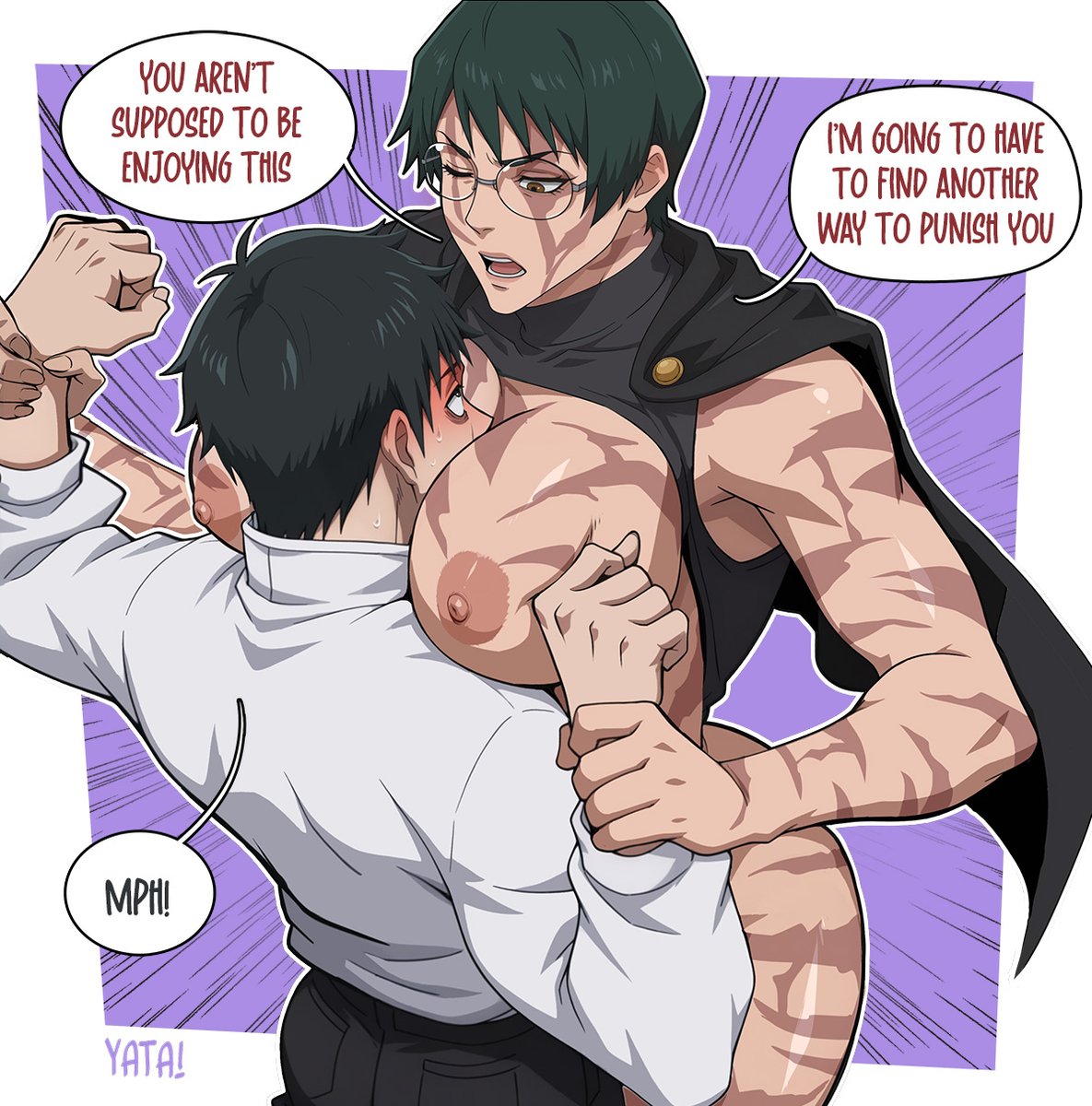 1boy, 1girls, aggressive female, big breasts, dialogue, english text, female, femdom, imminent sex, jujutsu kaisen, scarred, scarred body, scarred breasts, scarred face, scars, smothering, speech bubble, yatagarasupen, yuta okkotsu, zenin maki