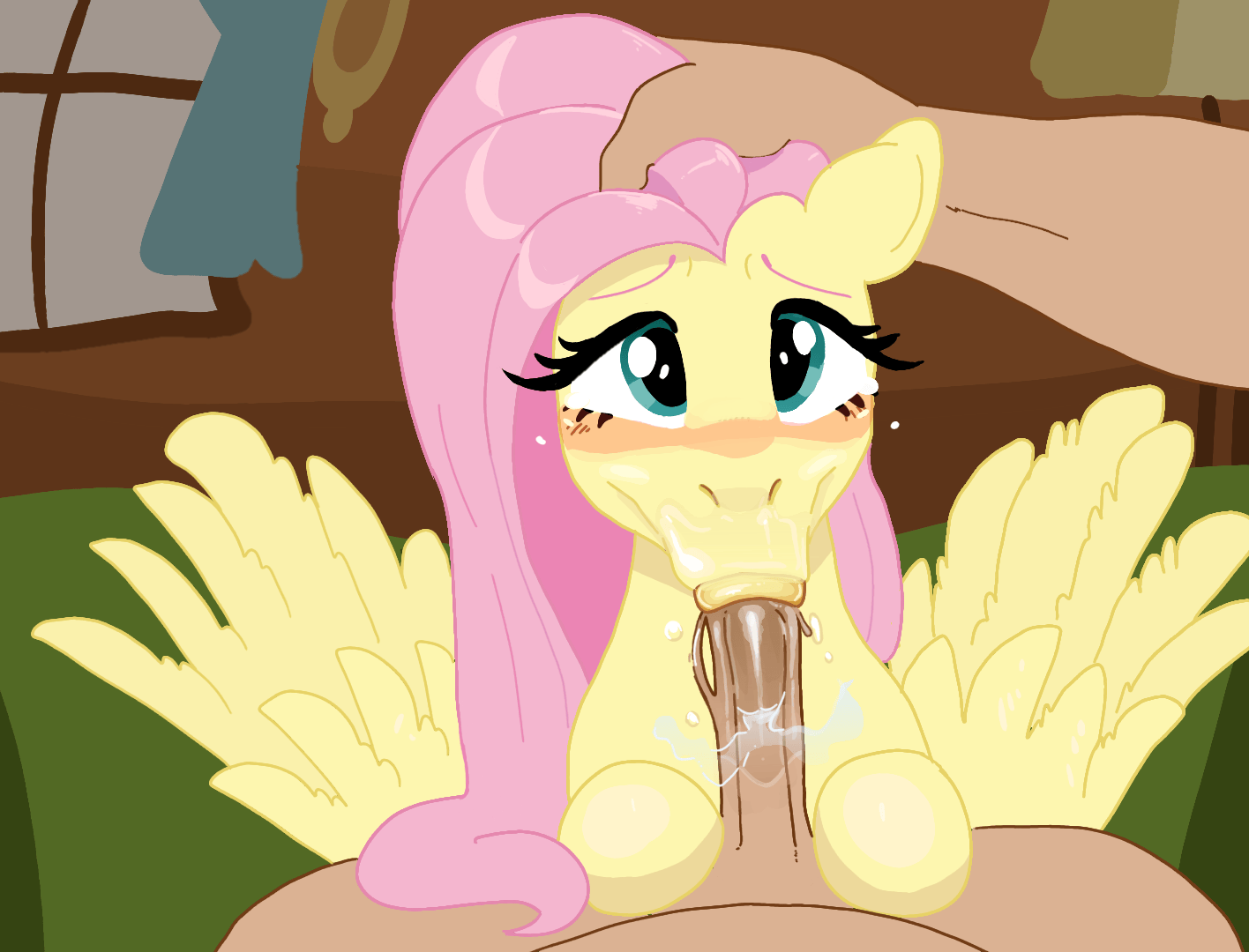 :>=, 2d, 2d (artwork), 2d artwork, animated, duo, erection, fellatio, fellatio face, female, fluttershy (mlp), friendship is magic, gif, human, human on feral, male, male human/female feral, male on feral, mane, my little pony, oral, partial male, pegasus, pegasus girl, pegasus wings, pony, saliva, waffafries, wings, yellow body, yellow fur
