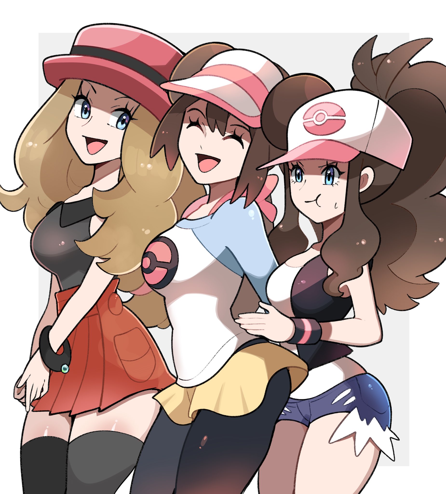 :t, 3girls, black pantyhose, black shirt, black thighhighs, black vest, blonde hair, blue eyes, breasts, brown hair, closed mouth, commentary, cutoffs, denim, denim shorts, donut hair bun, double bun, english commentary, exposed pocket, eyewear on headwear, female, female only, hair bun, hat, high ponytail, highres, hilda (pokemon), large breasts, long hair, mega ring, multiple girls, nintendo, open clothes, open mouth, open vest, pantyhose, pantyhose under shorts, pink hat, pokemon, pokemon bw, pokemon bw2, pokemon protagonist, pokemon xy, ponytail, pout, raglan sleeves, red hat, red skirt, rosa (pokemon), serena (pokemon games), serena (pokemon), shirt, shorts, sidelocks, skirt, sleeveless, sleeveless shirt, smile, sunglasses, sweatdrop, thighhighs, touyarokii, twintails, vest, visor cap, white shirt, white-framed eyewear, wristband, yellow shorts, yellow skirt