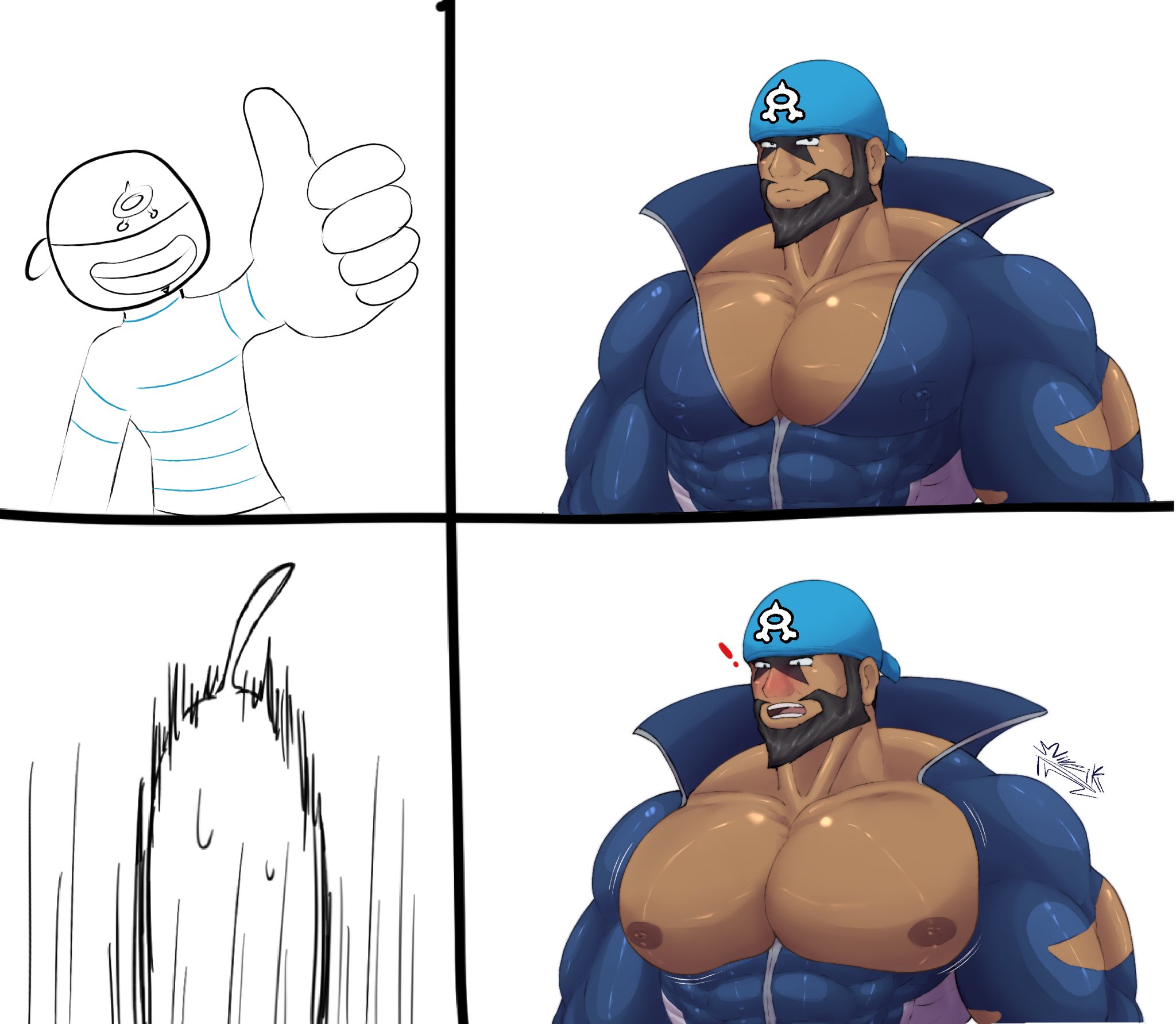 !, 2boys, aaassstaro, abs, archie (pokemon), bara, beard, big breasts, big nipples, big pecs, blue bodysuit, blush, bodysuit, breasts, clothed, clothing, cum, cum shot, dark nipples, dark skin, dark-skinned male, gay, huge breasts, male, male only, male/male, meme, meme reference, mireikiphanie, muscles, muscular, muscular male, nipples, pecs, pokemon, pokemon oras, skinsuit, surprised, surprised expression, tattoo, team aqua, team aqua grunt