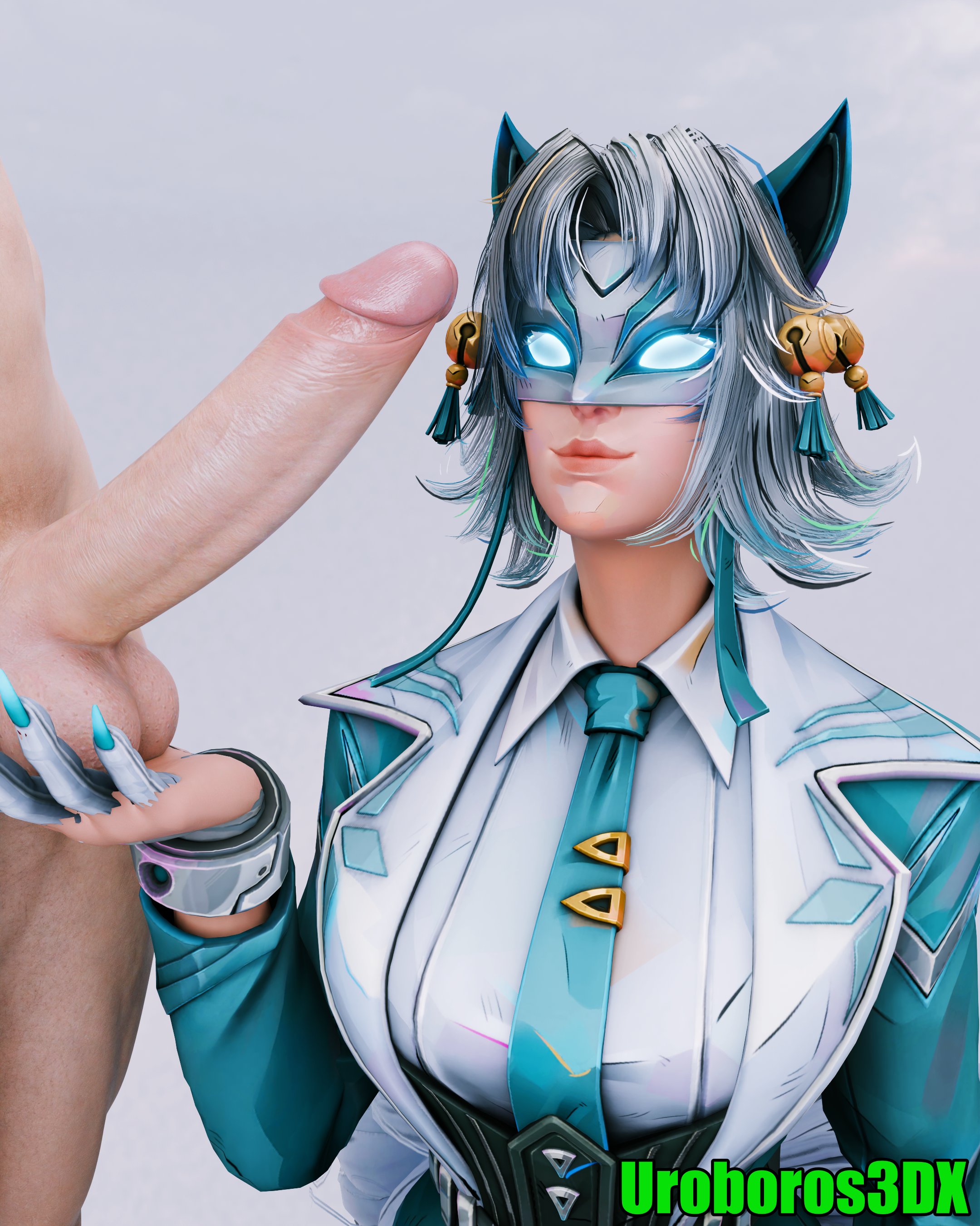 1boy, 1boy1girl, 1girls, 3d, 3d (artwork), ami han, animal ears, asian female, big penis, blue eyes, breasts, clawed fingers, clawed gloves, claws, cleavage, clothed female, cock on face, collar, detailed, eye contact, female, female focus, fox ears, fox girl, gloves, glowing, glowing eyes, hand on penis, handjob, hetero sex, highres, holding penis, huge cock, jacket, korean female, large breasts, looking at viewer, marvel, marvel comics, marvel rivals, mask, masked, masked female, medium hair, mrbag3d, necktie, nude male, painted nails, penis near face, penis on face, seductive, straight, suit, suit and tie, suit jacket, suit pants, thick thighs, tie, uroboros3dx, veiny penis, white female, white fox (marvel rivals), white fox (marvel), white hair, white male, wide hips